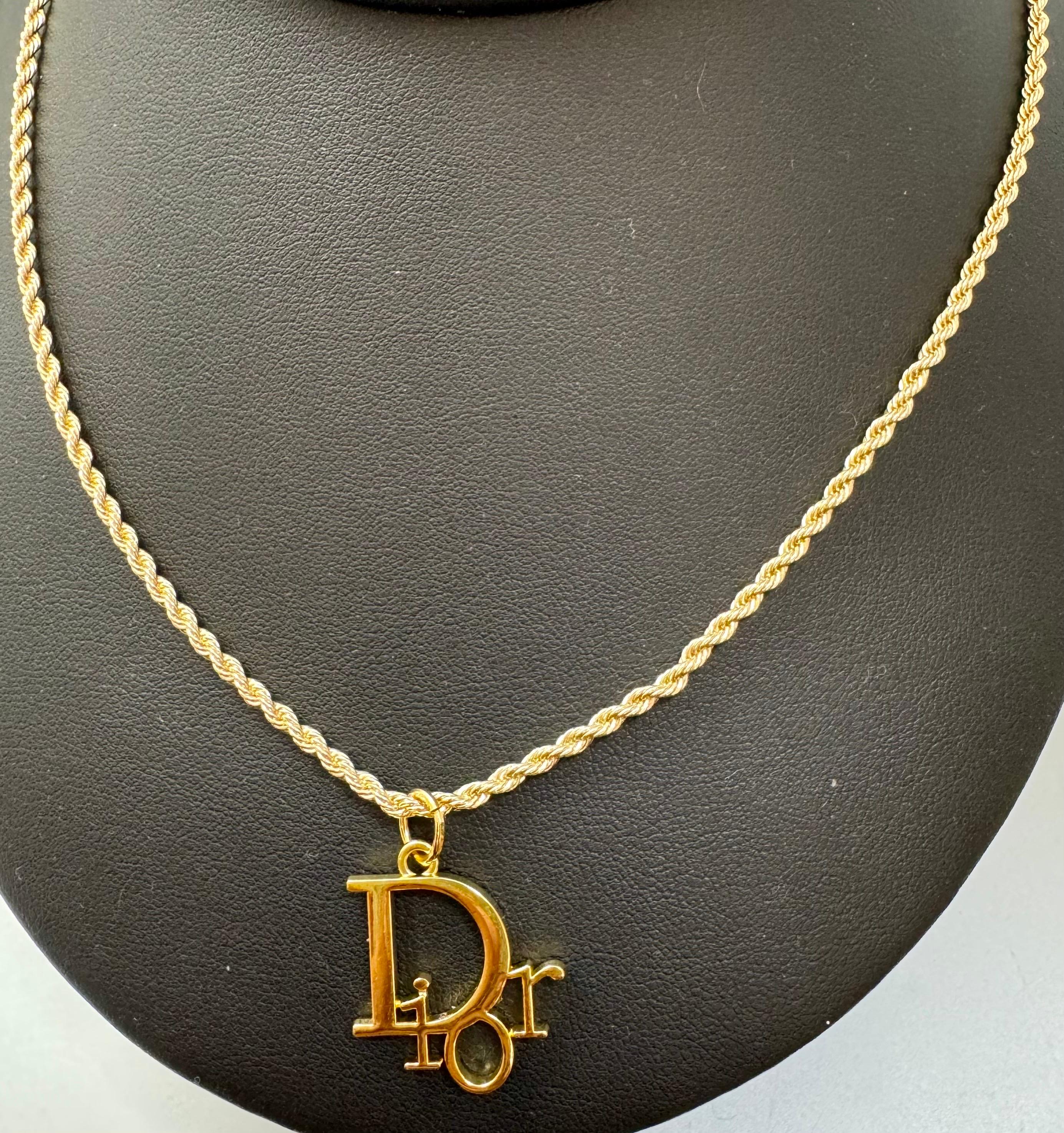 Authentic Christian DIOR Repurposed Charm Pendant Necklace Logo Gold For Sale 3
