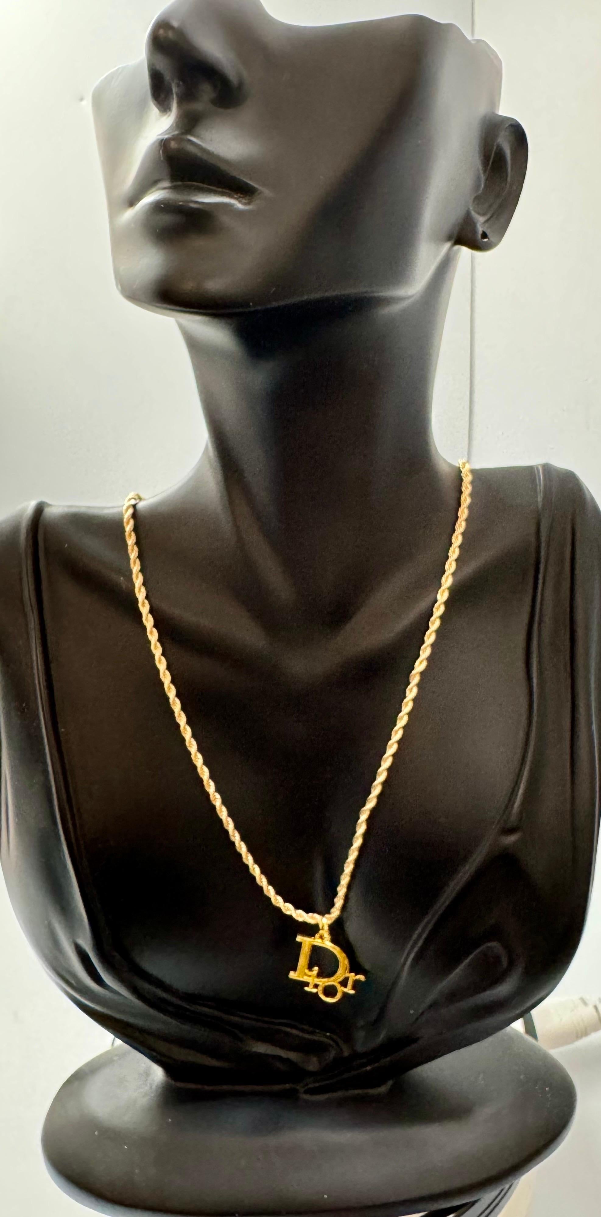 Authentic Christian DIOR Repurposed Charm Pendant Necklace Logo Gold For Sale 4