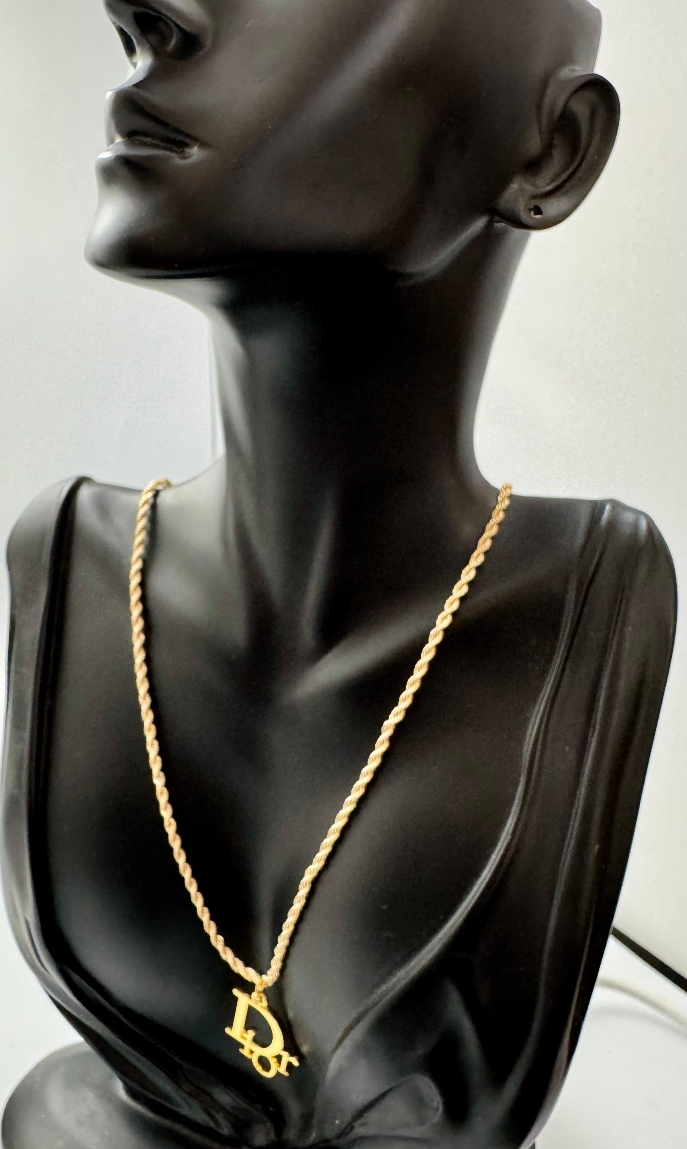 Authentic Christian DIOR Repurposed Charm Pendant Necklace Logo Gold For Sale 5
