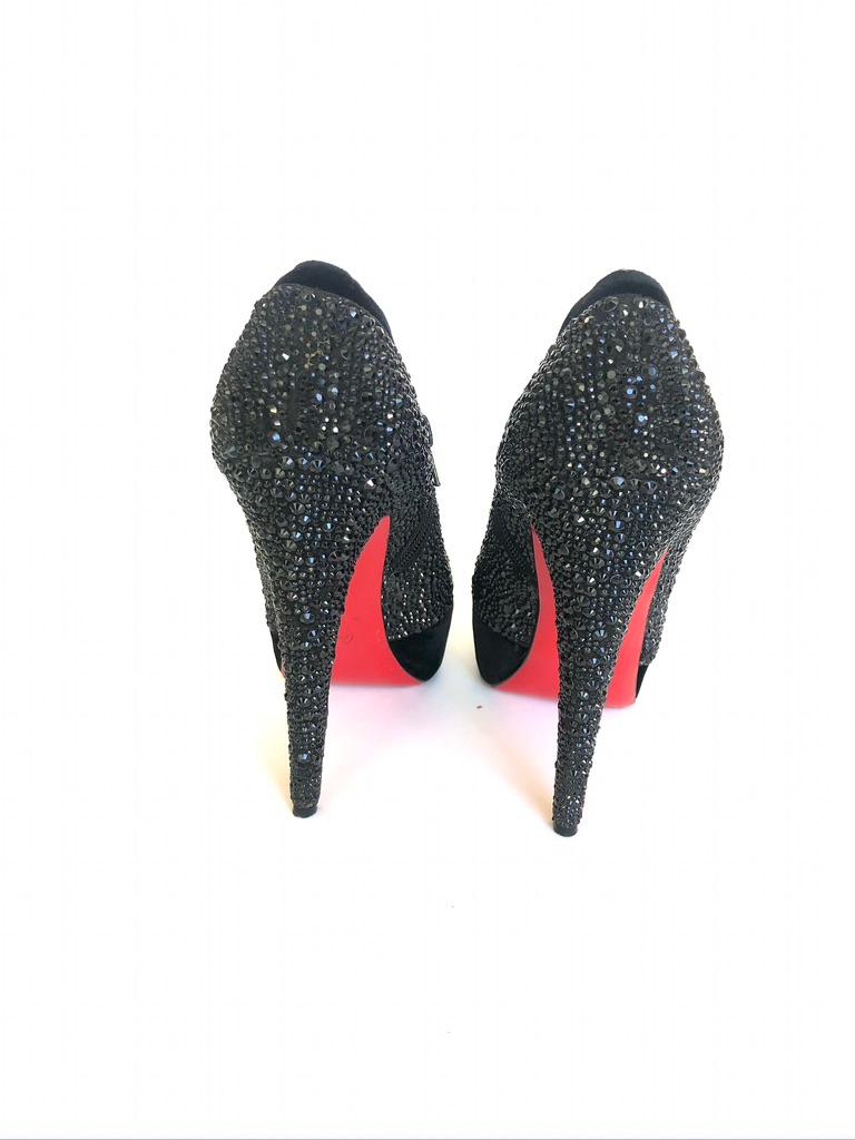 Authentic Christian Louboutin Black Velvet & Strass 140 Ankle Boots In Good Condition For Sale In New York, NY