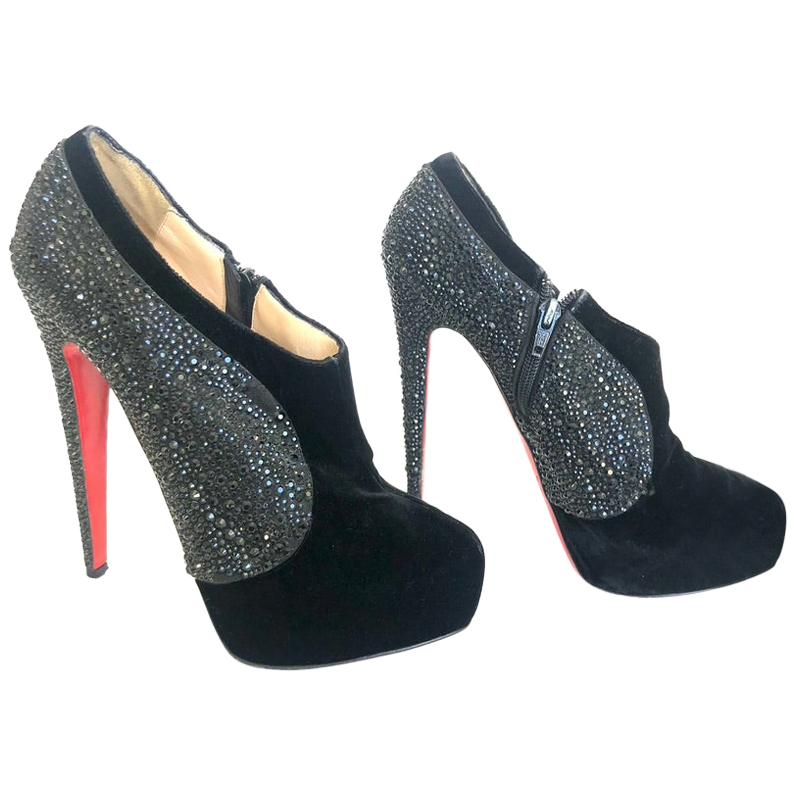 Authentic Christian Louboutin Black Velvet & Strass 140 Ankle Boots For Sale