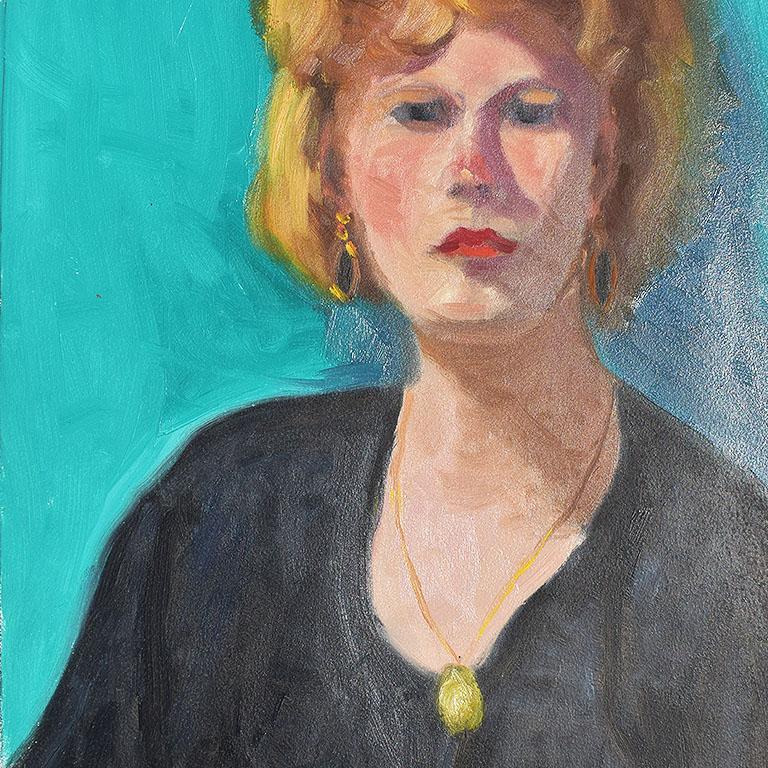 A tall portrait painting of a woman with a flower in her hair. This piece was painted by the late Oklahoma artist Clair Seglem and is well known for his portrait paintings. The woman in this painting sports short blonde hair with a purple flower