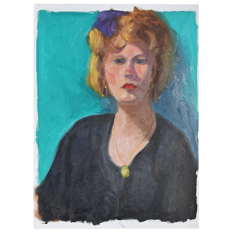 Authentic Clair Seglem Tall Portrait Painting of a Woman on Blue For Sale