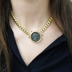 Authentic Constantine Roman Coin Bezel 18K Gold Cuban Chain Necklace