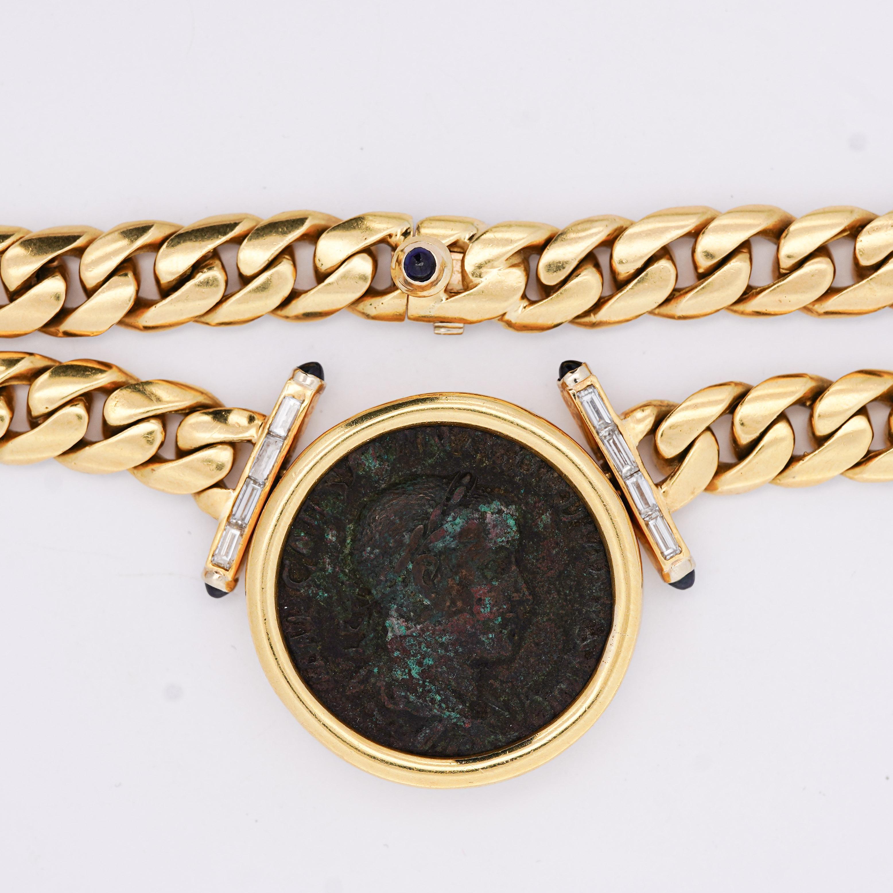 Taille cabochon Authentique Constantine Roman Coin Bezel 18K Gold Cuban Chain Necklace en vente