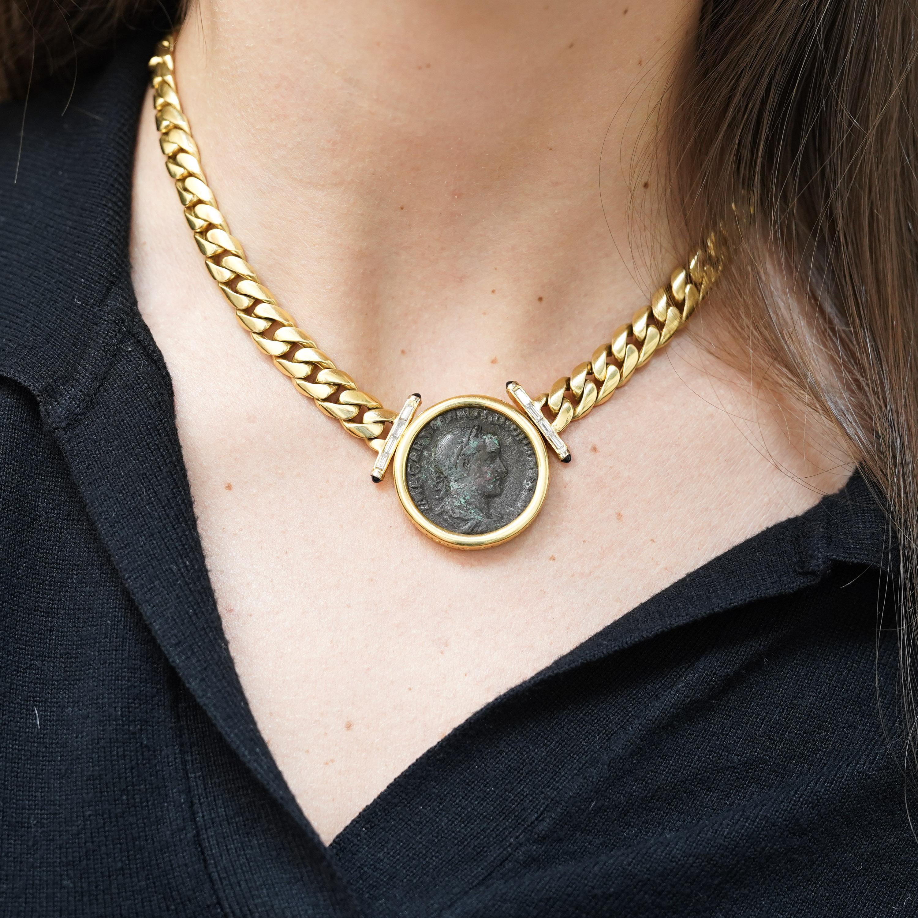 Authentique Constantine Roman Coin Bezel 18K Gold Cuban Chain Necklace en vente 1