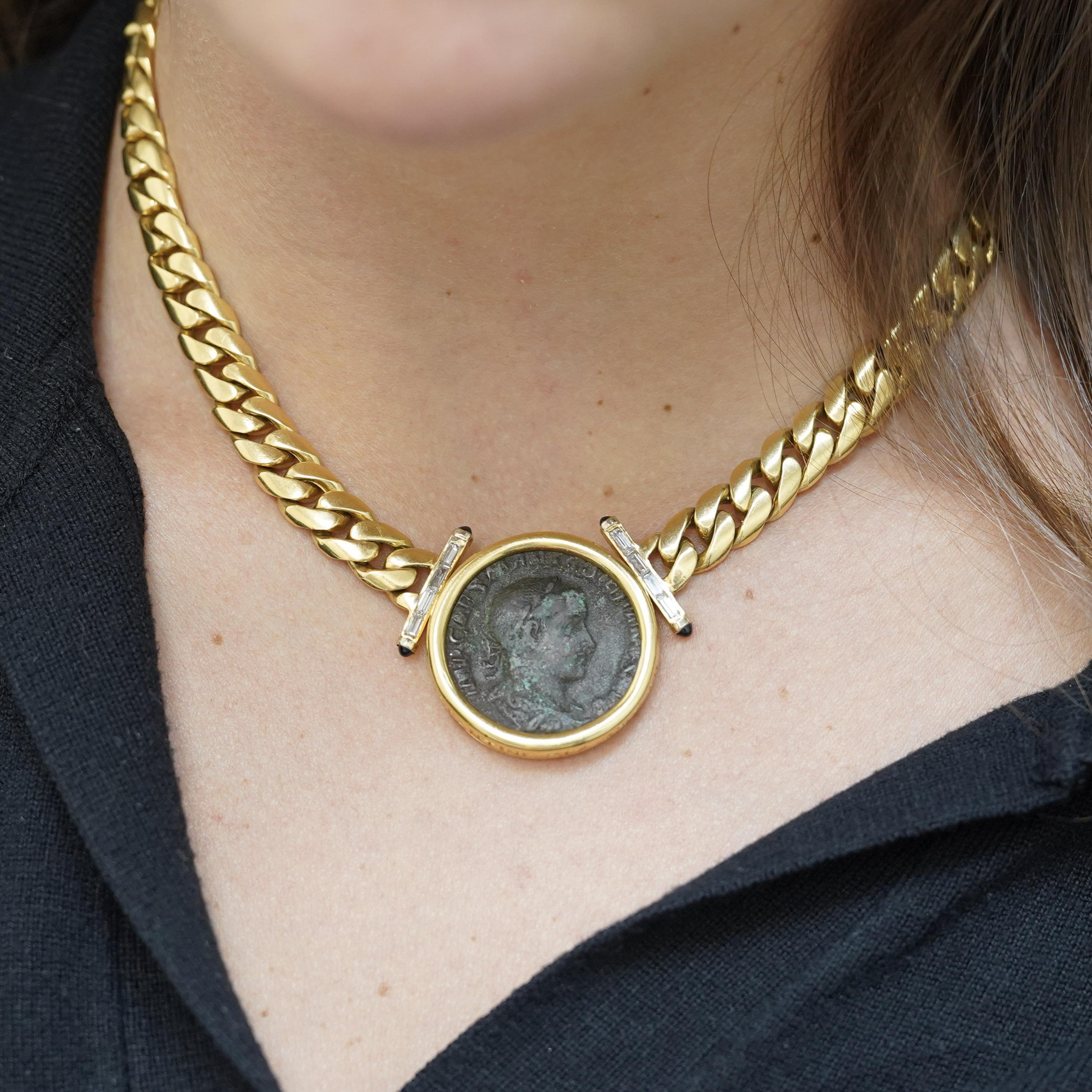 Authentique Constantine Roman Coin Bezel 18K Gold Cuban Chain Necklace en vente 3