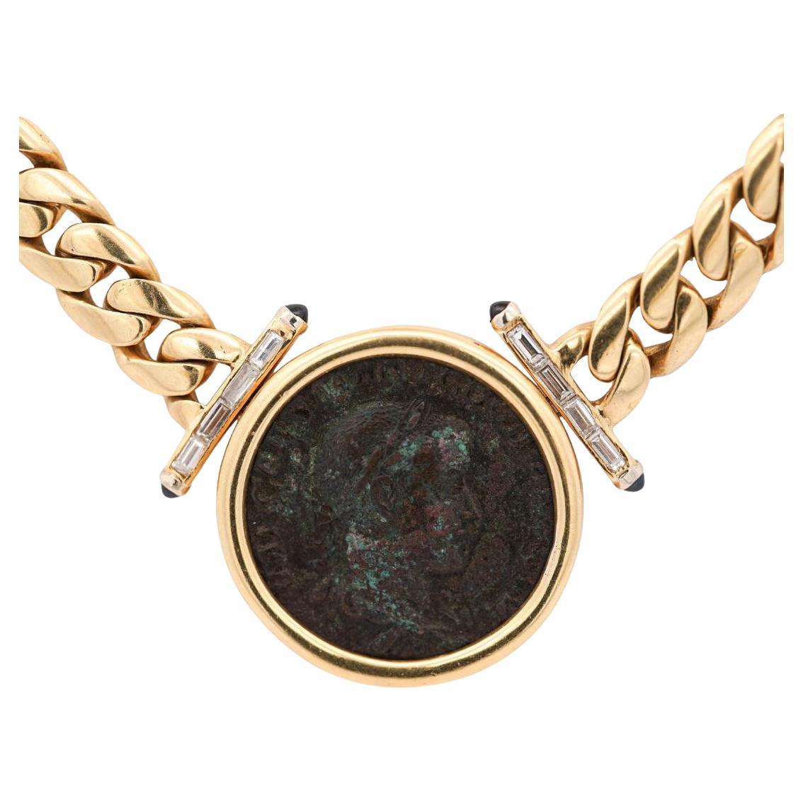 Autentica Moneta Romana di Costantino con castone in oro 18K Collana a catena cubana