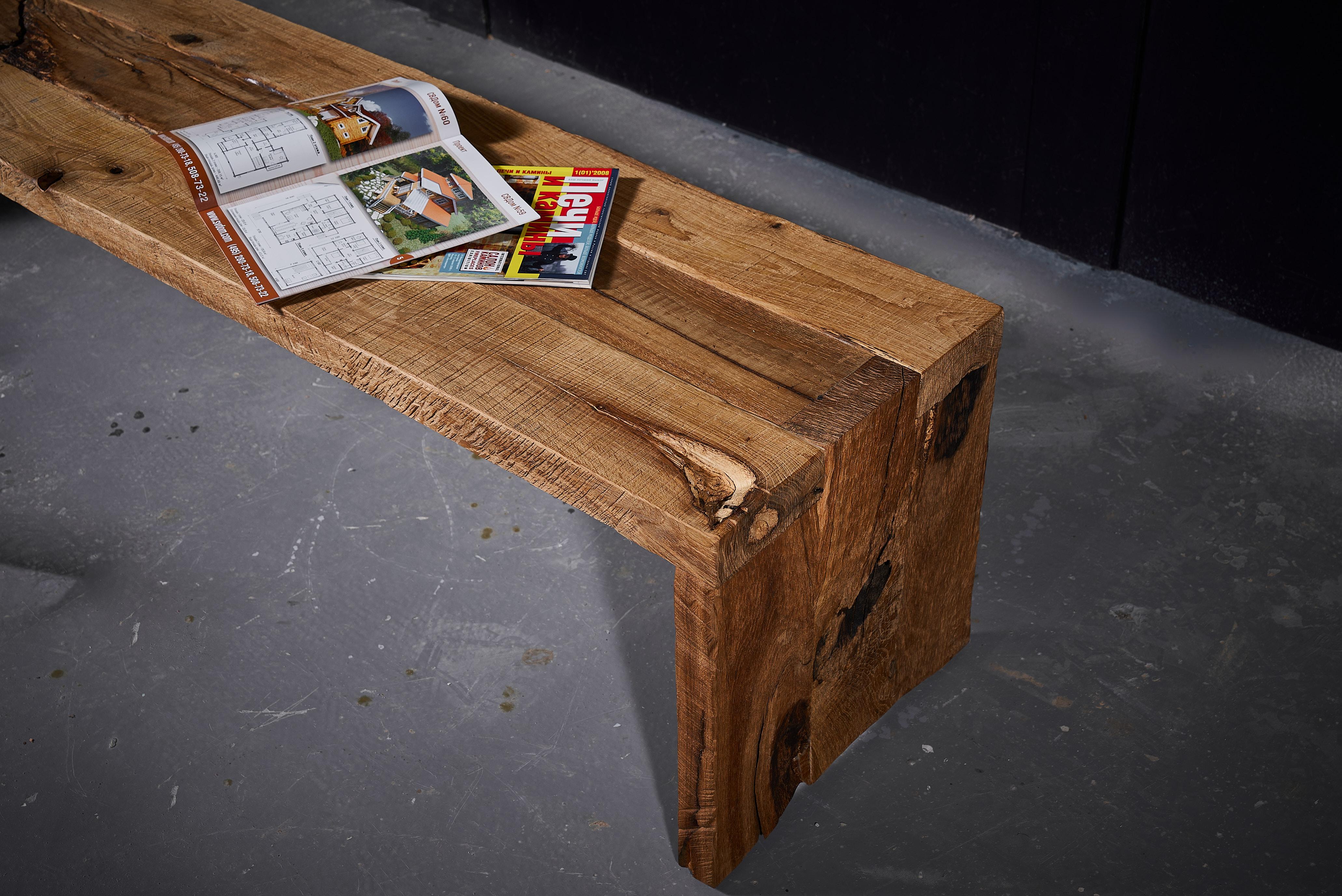 Brutalist Solid Oak Bench or Sculptural TV Console by Sergio Vulpe For Sale 1