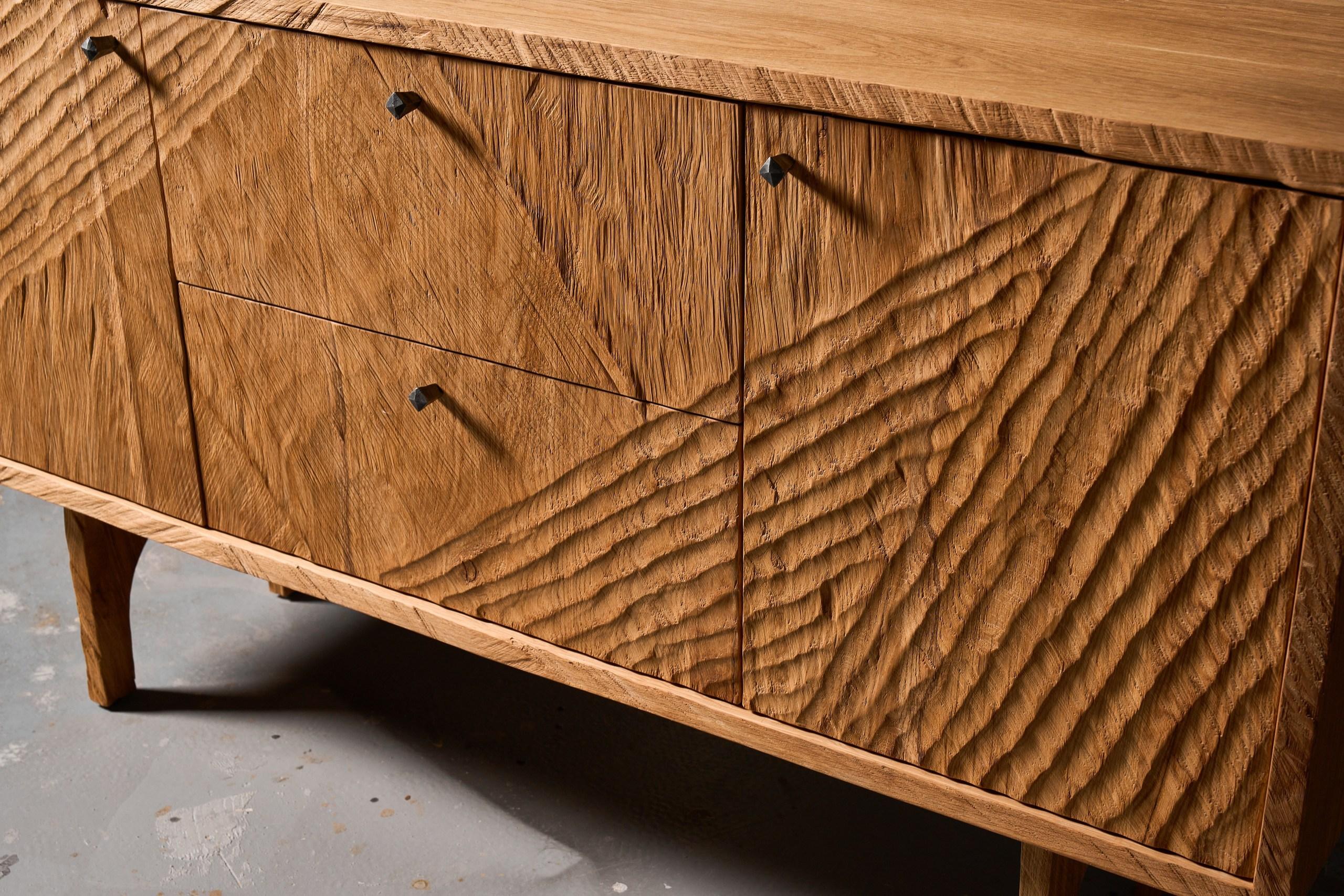 Moldovan Authentic Sculpted Brutalist Style Commode in Solid Oak by Sergio Vulpe For Sale