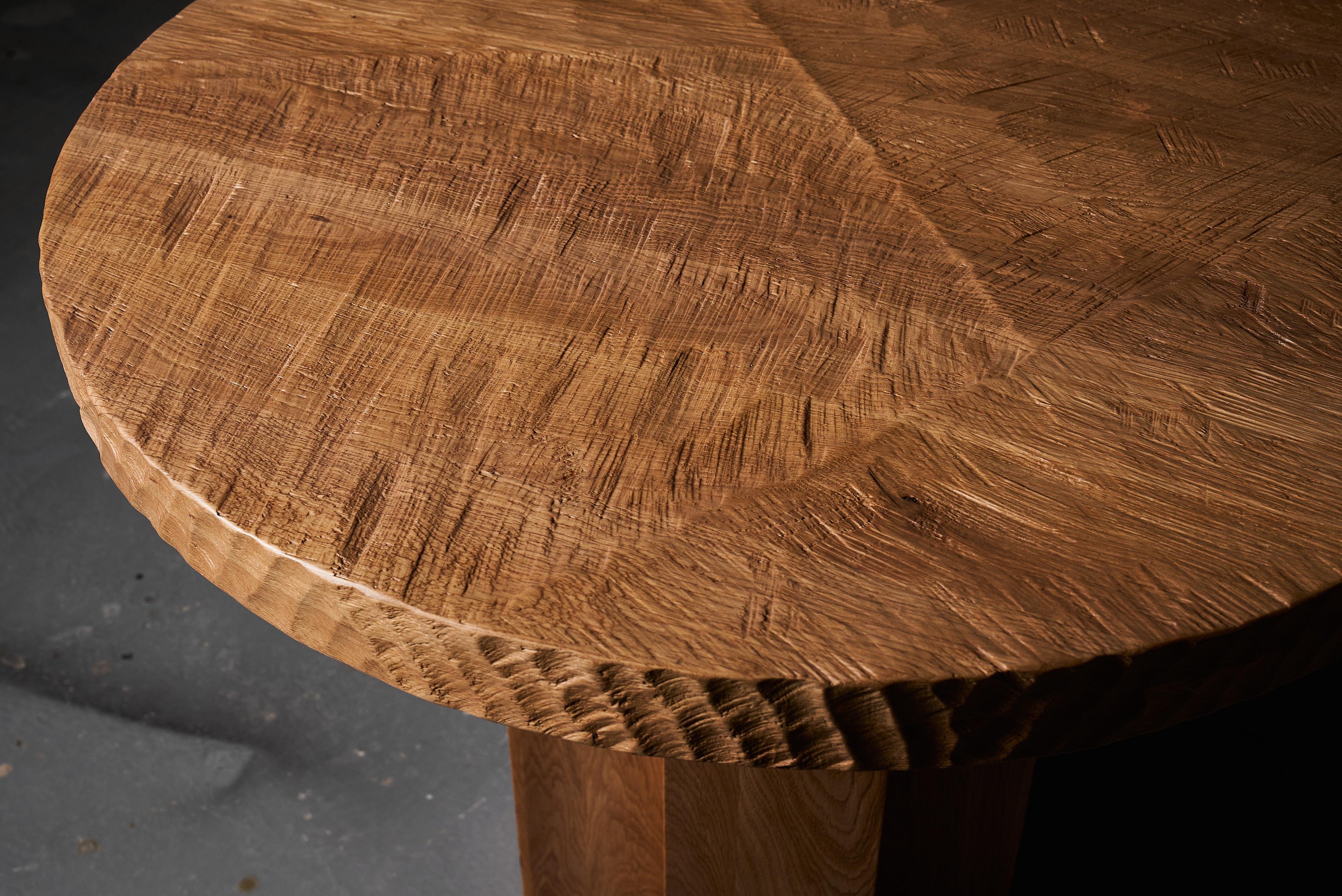 Moldovan Authentic Contemporary Brutalist Style Round Table in Solid Oak, 130cm. For Sale