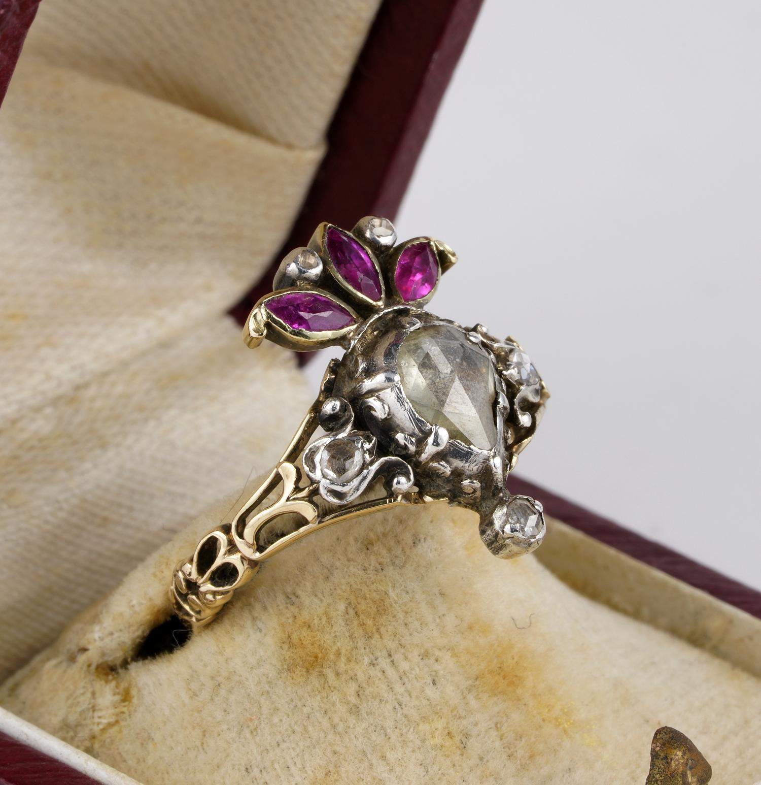 Georgian Crowned Heart Diamond Ruby Rare Ring For Sale
