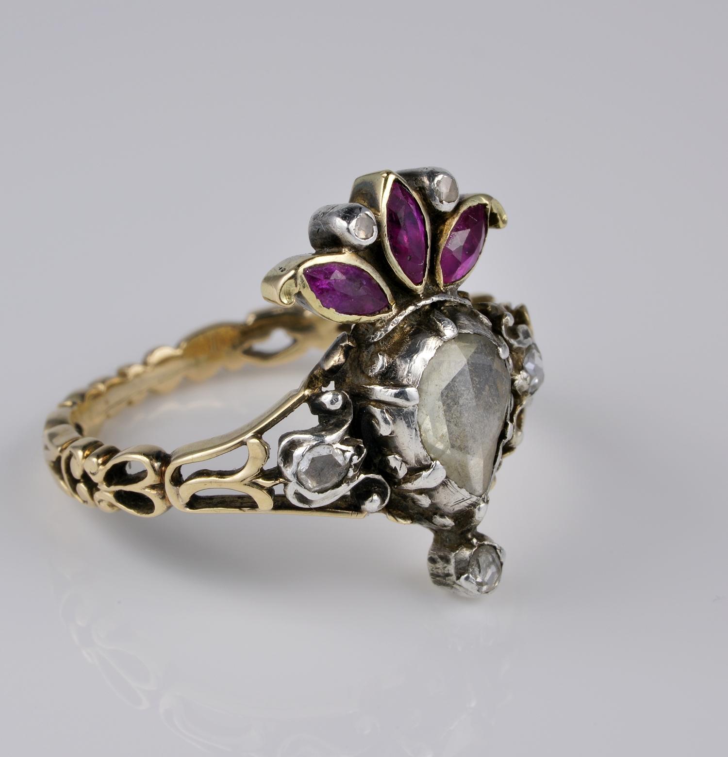 Crowned Heart Diamond Ruby Rare Ring In Good Condition For Sale In Napoli, IT