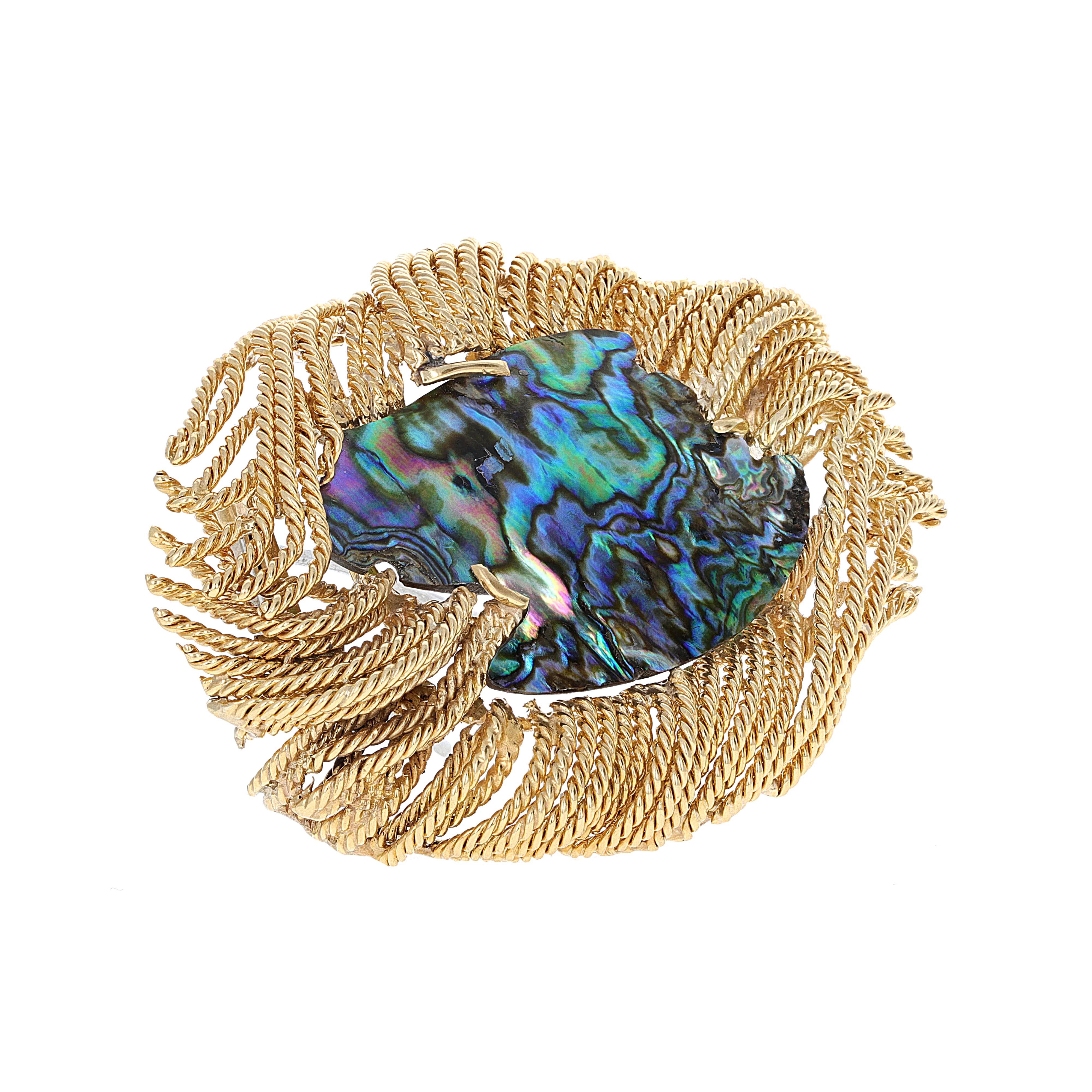 Unique 18 karat yellow gold “David Webb” Abalone Shell brooch. There are no two Abalone Shells alike. The iridescence in the stone is what gives each stone a different identity. The iridescence in the shell creates color and beauty. The shell was