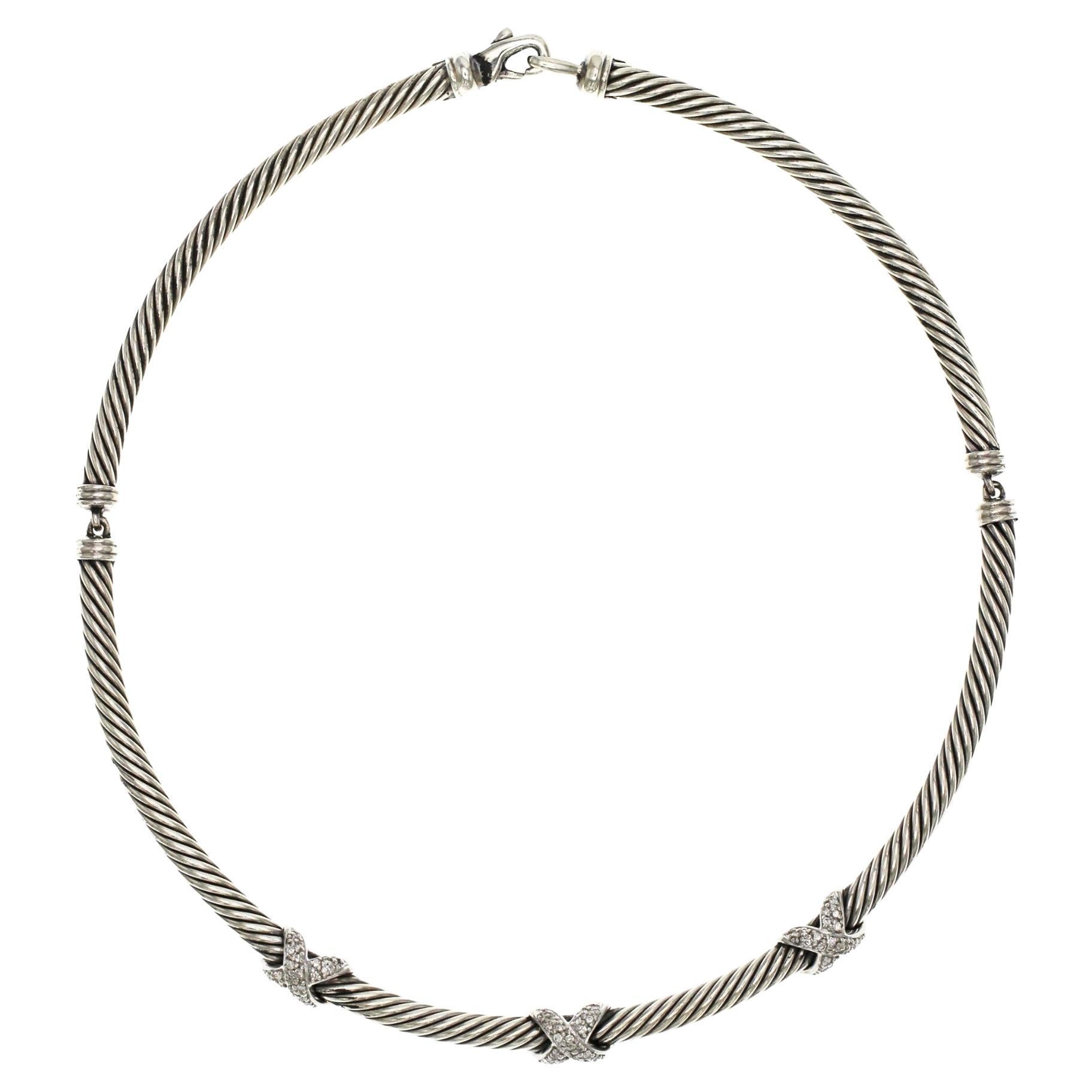 Authentische David Yurman 925 Sterlingsilber-Diamant- x Kabel-Halskette im Angebot