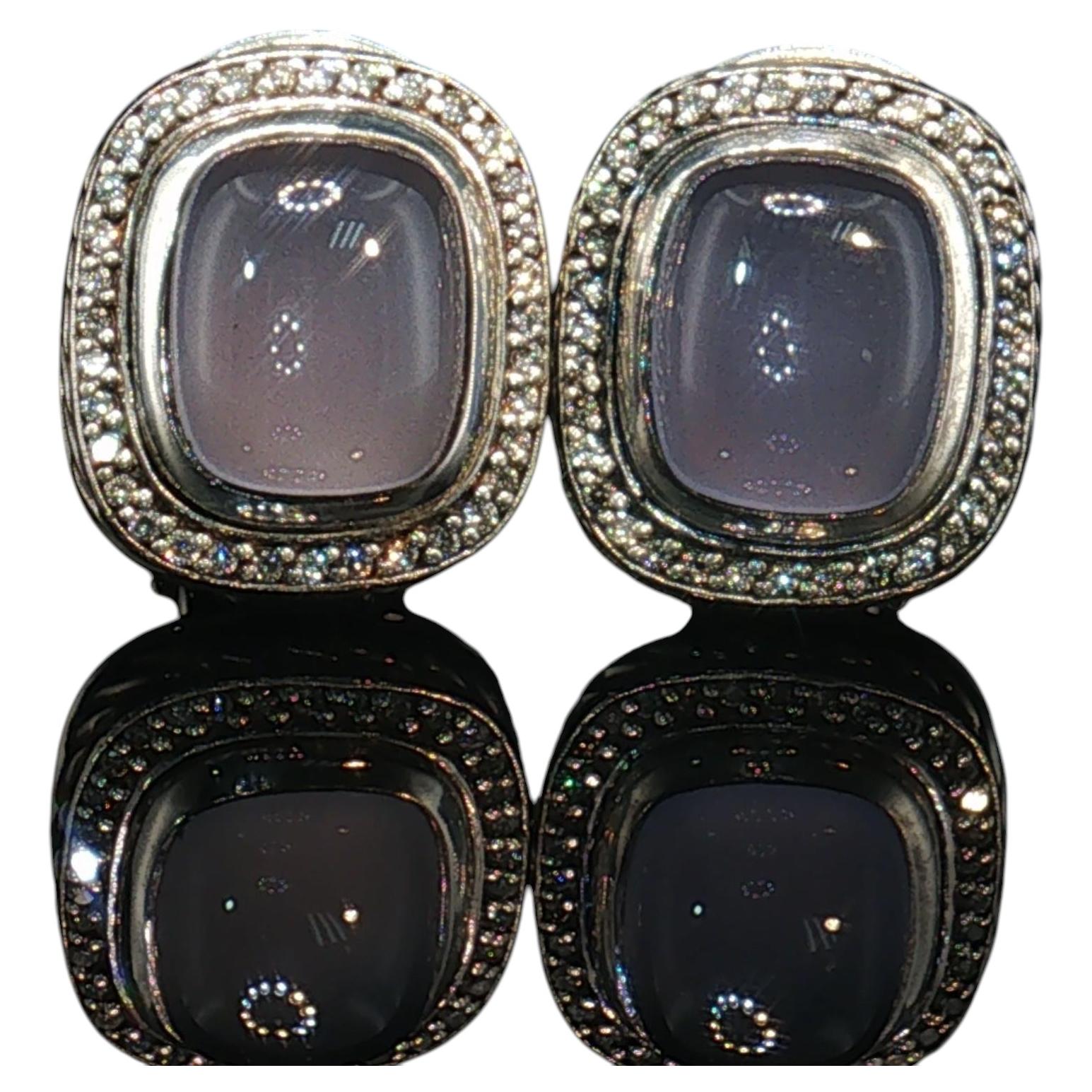 Boucles d'oreilles authentiques David Yurman en argent sterling, avec calcédoine bleue Albion et diamants