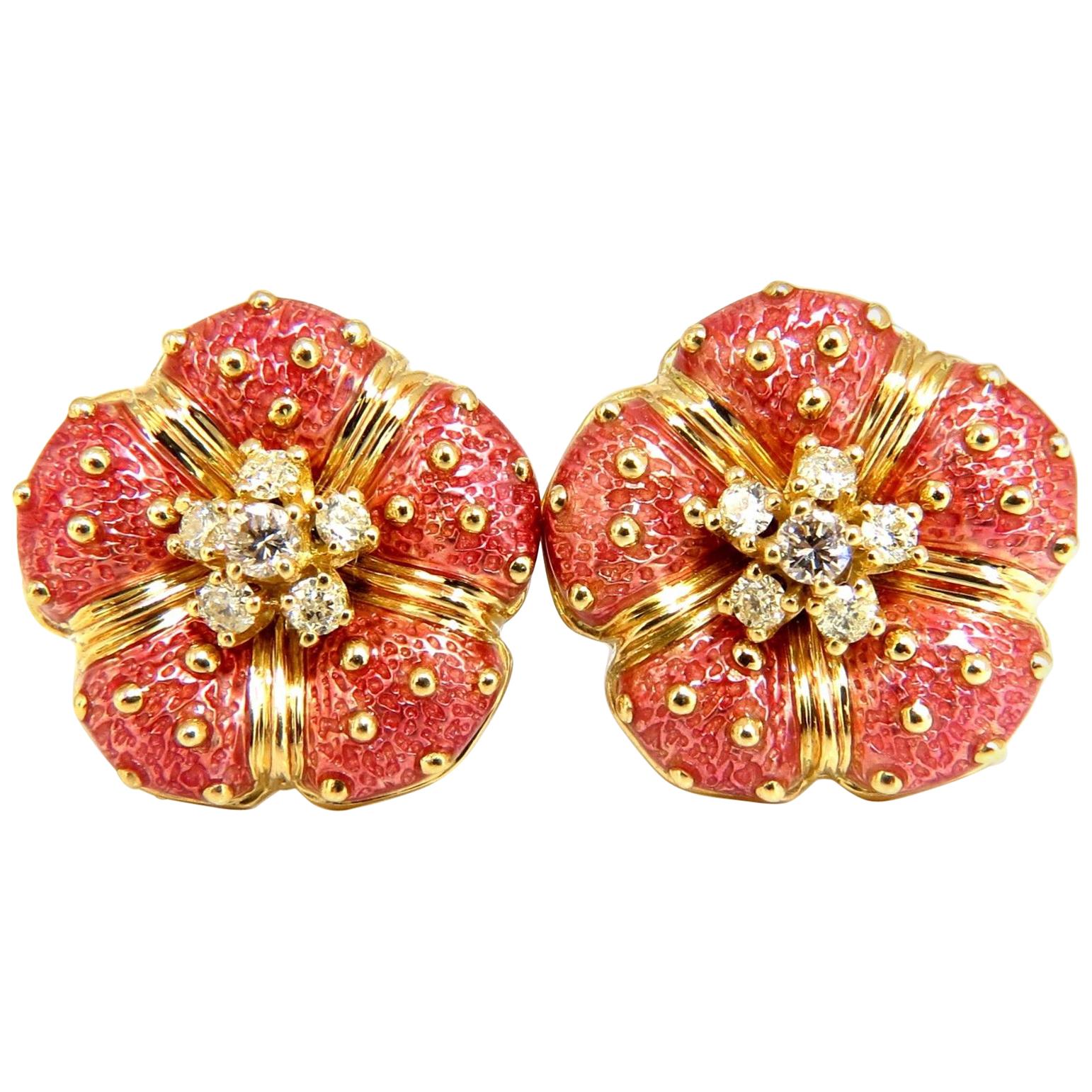 Authentic Designer Hidalgo Pink Enamel Floral Clip Diamond Earrings 18 Karat