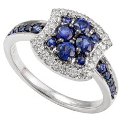 Bague de fiançailles en or blanc massif 14k saphir bleu antique et diamant