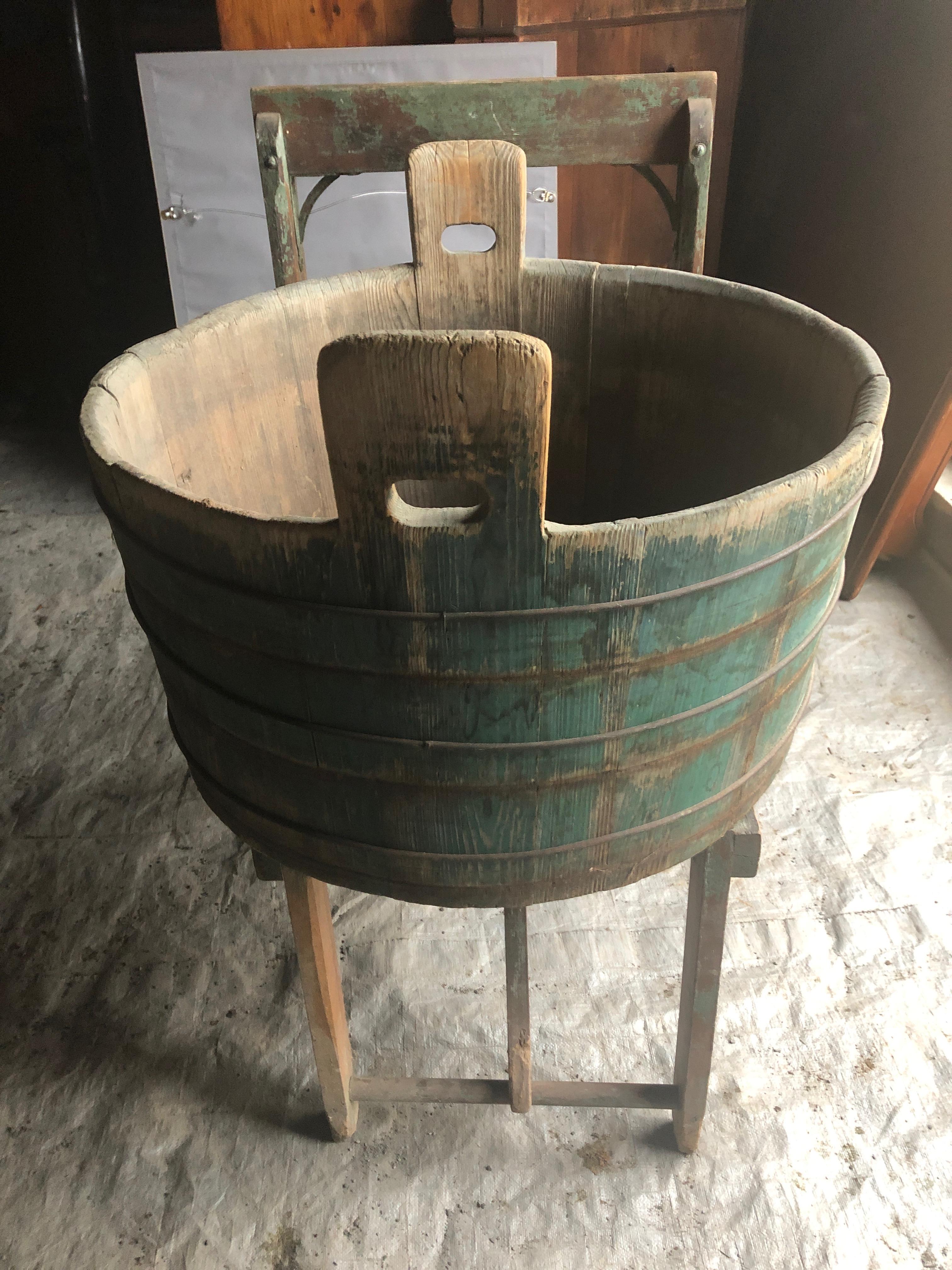 Mid-20th Century Authentic Distressed Country Washing Barrel Tub and Stand For Sale