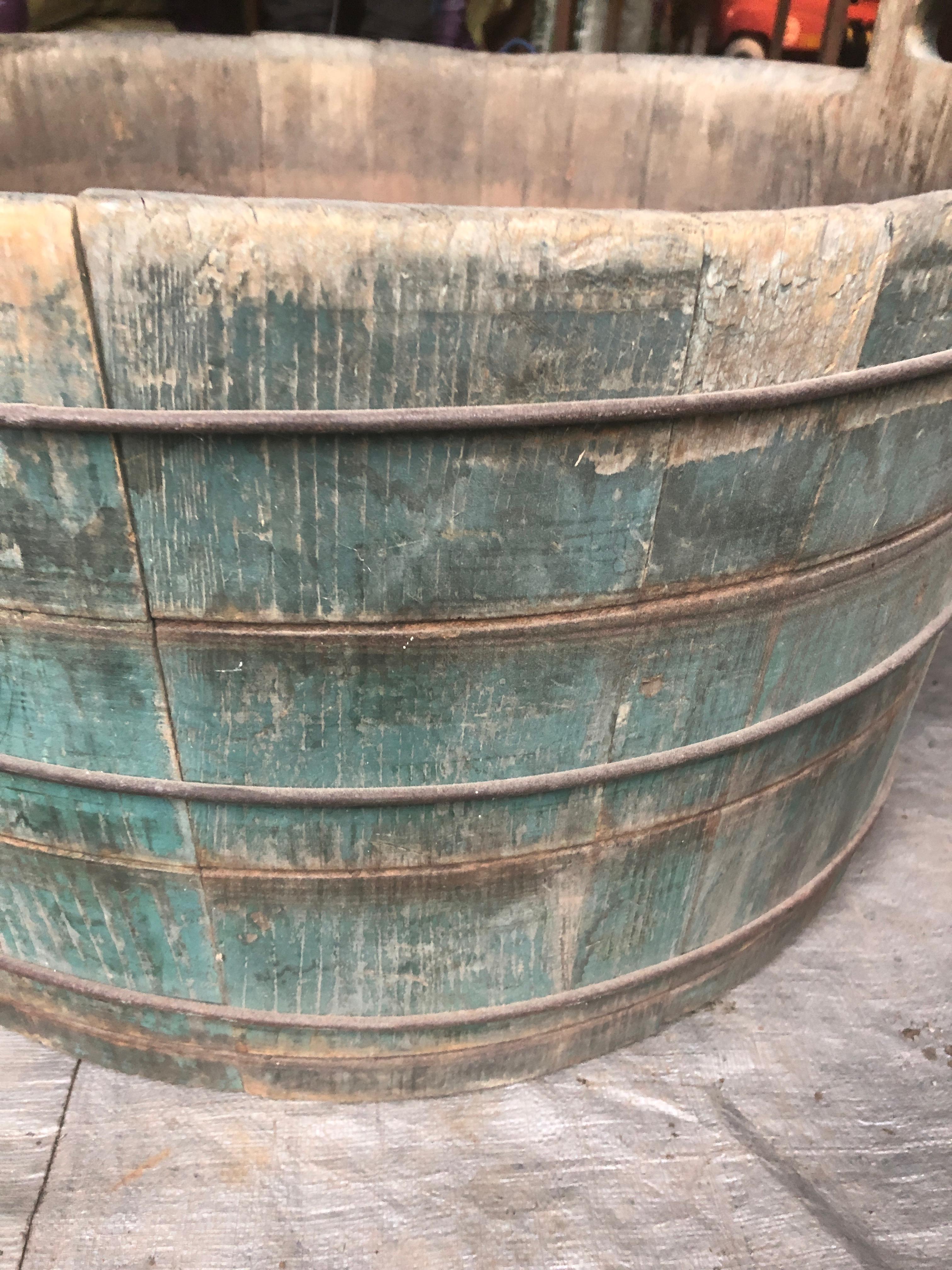 Wood Authentic Distressed Country Washing Barrel Tub and Stand For Sale
