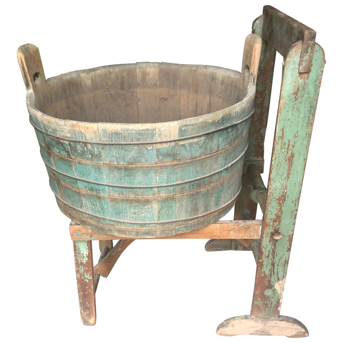 Authentic Distressed Country Washing Barrel Tub and Stand For Sale