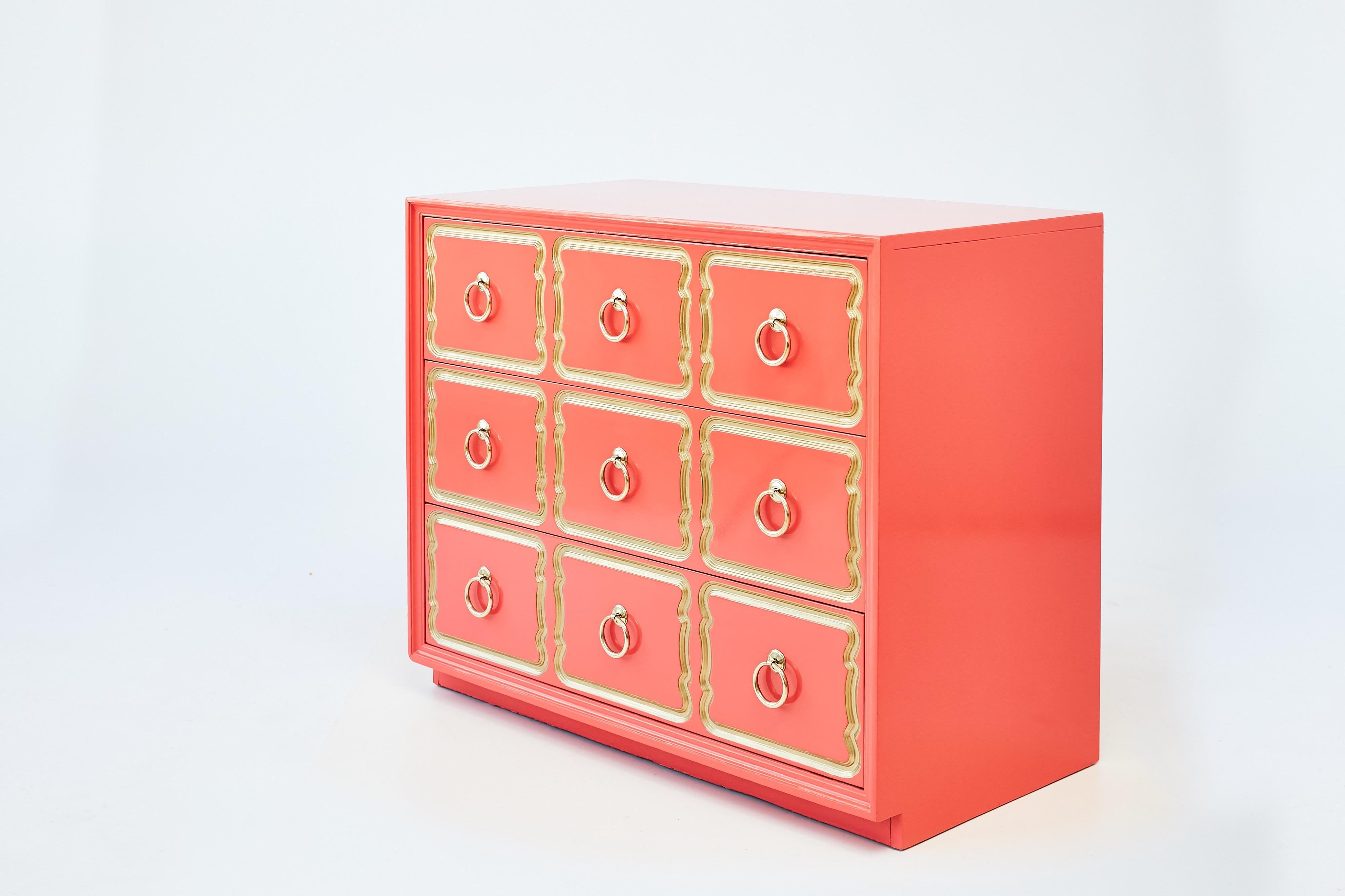 Authentic Dorothy Draper España chest, shown in Coral Lacquer. The crème de la crème - the most iconic of Hollywood Regency glam - is Dorothy Draper's España bunching chest. Dorothy Draper (1889-1969), America's most famous decorator, produced her
