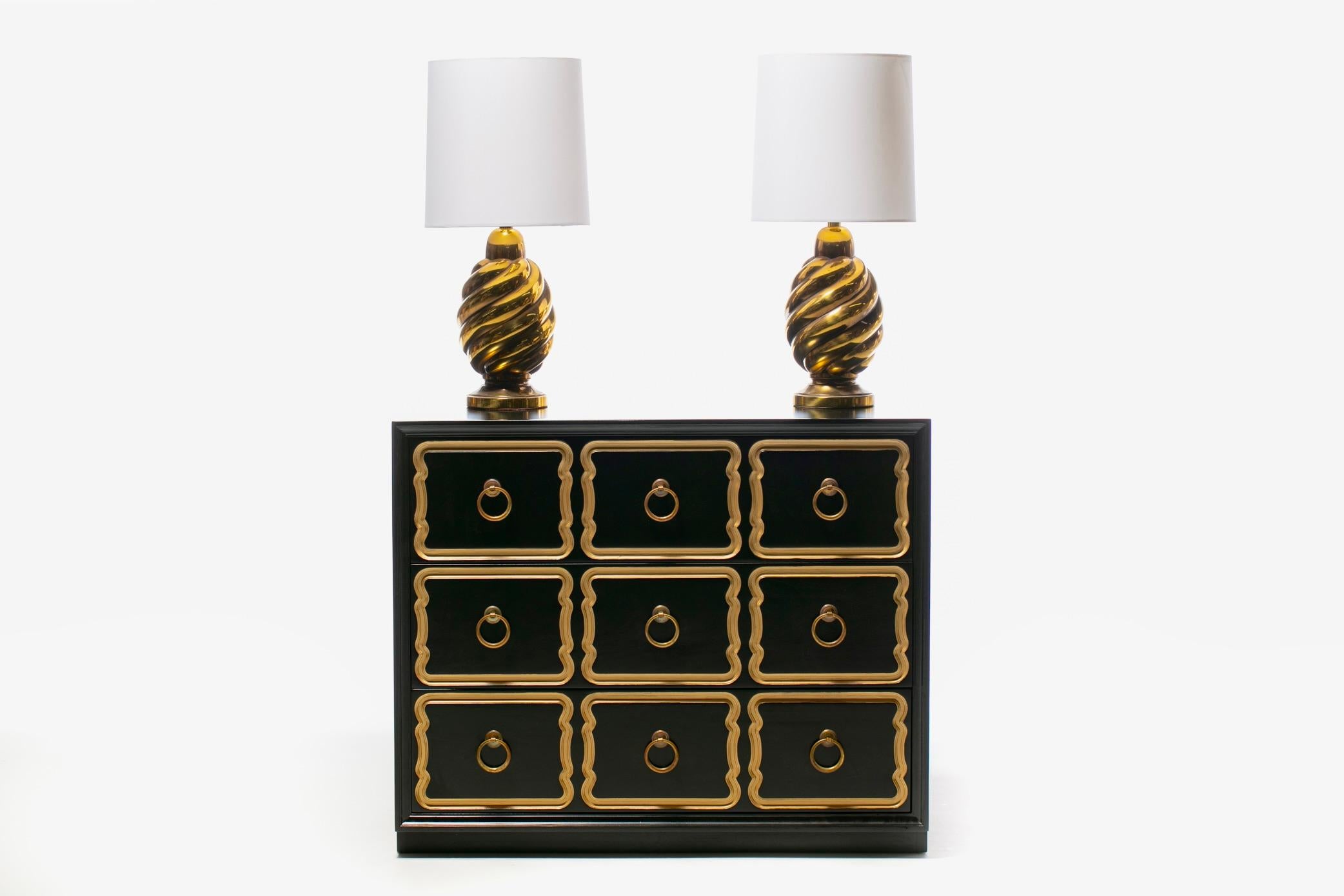 This chic three drawer España bunching chest by Dorothy Draper is without a doubt the most iconic piece of 20th century Hollywood Regency furniture. Sexy. Elegant. Whimsical. As popular today as they were in the 1950s, this newly professionally