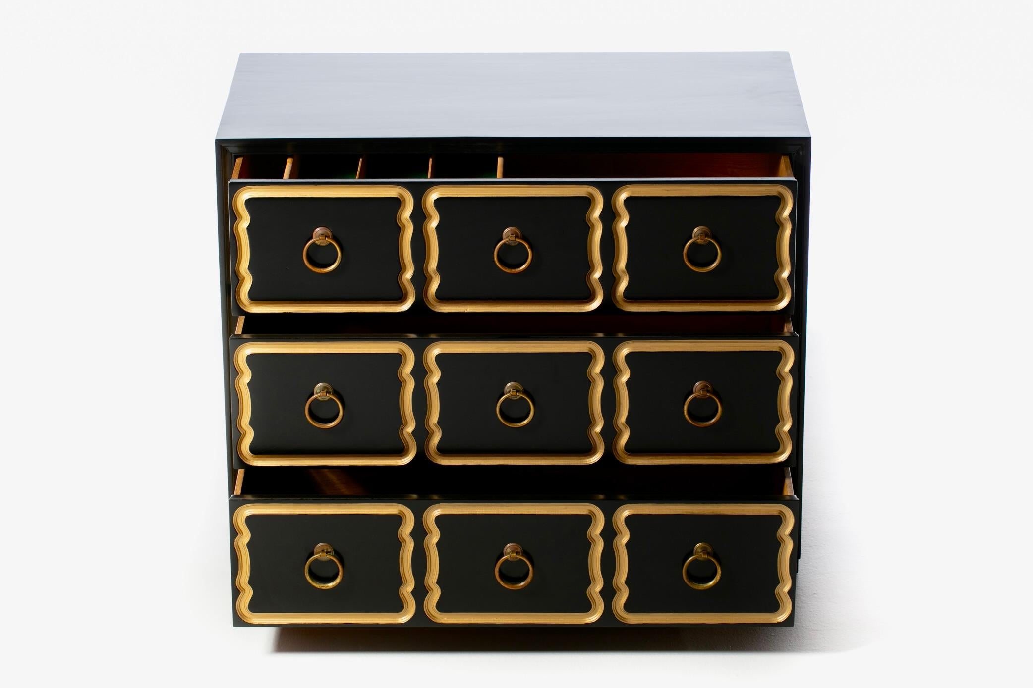 American Authentic Dorothy Draper España Chest Lacquered in Black Bean & Gold circa 1955 For Sale