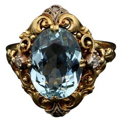 Antique Authentic Edwardian 4.70 Carat Natural Aquamarine Diamond Rare Ring