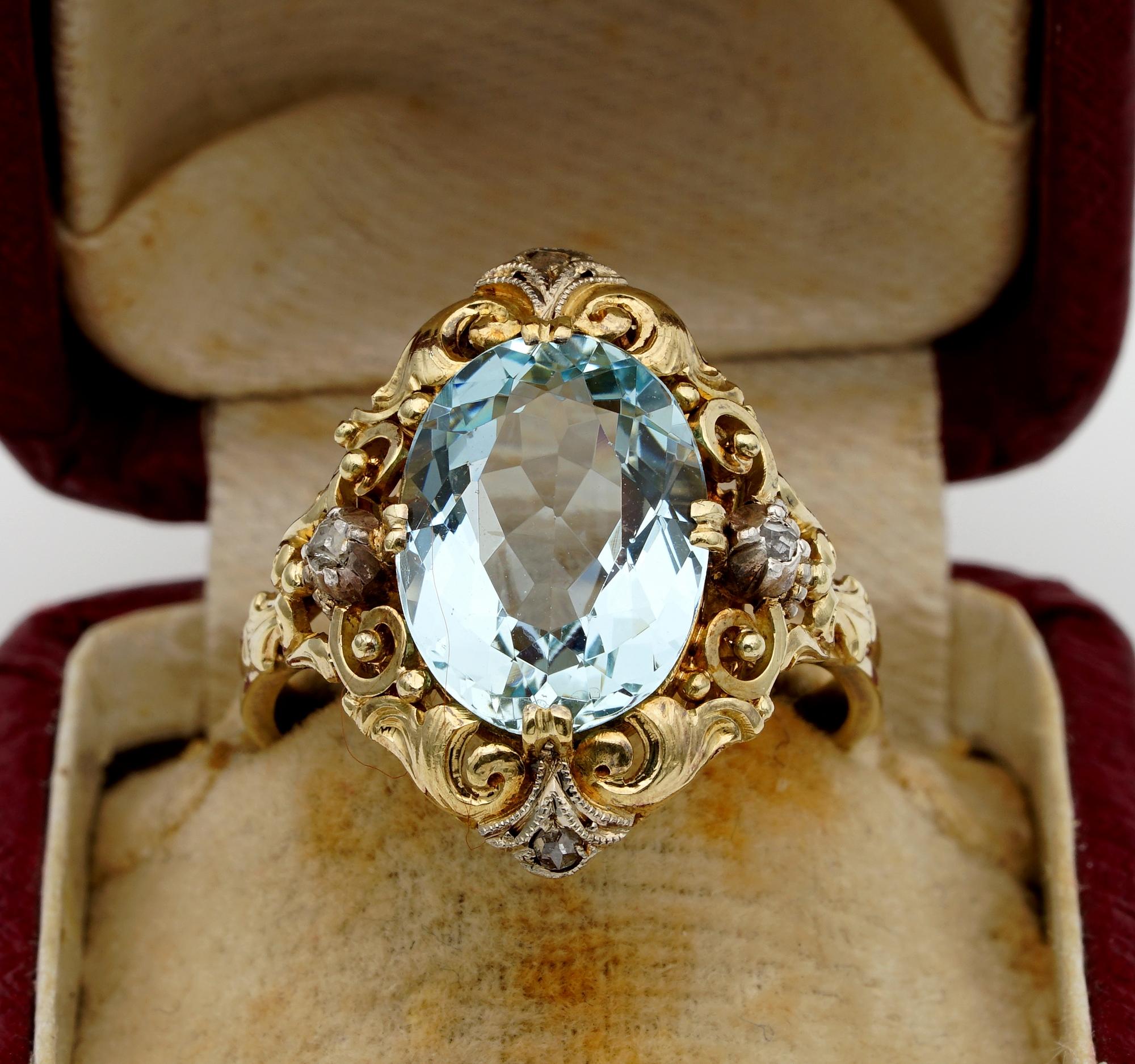 Framed Sky

This authentic Edwardian ring is epitome of elegance
Exquisitely hand crafted mounting with gorgeous motifs in vogue at the time make the frame to the fantastic Aquamarine known to be totally Natural untreated 4.70 CT oval faceted