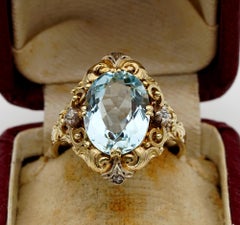 Authentic Edwardian 4.70 Carat Natural Aquamarine Diamond Rare Ring
