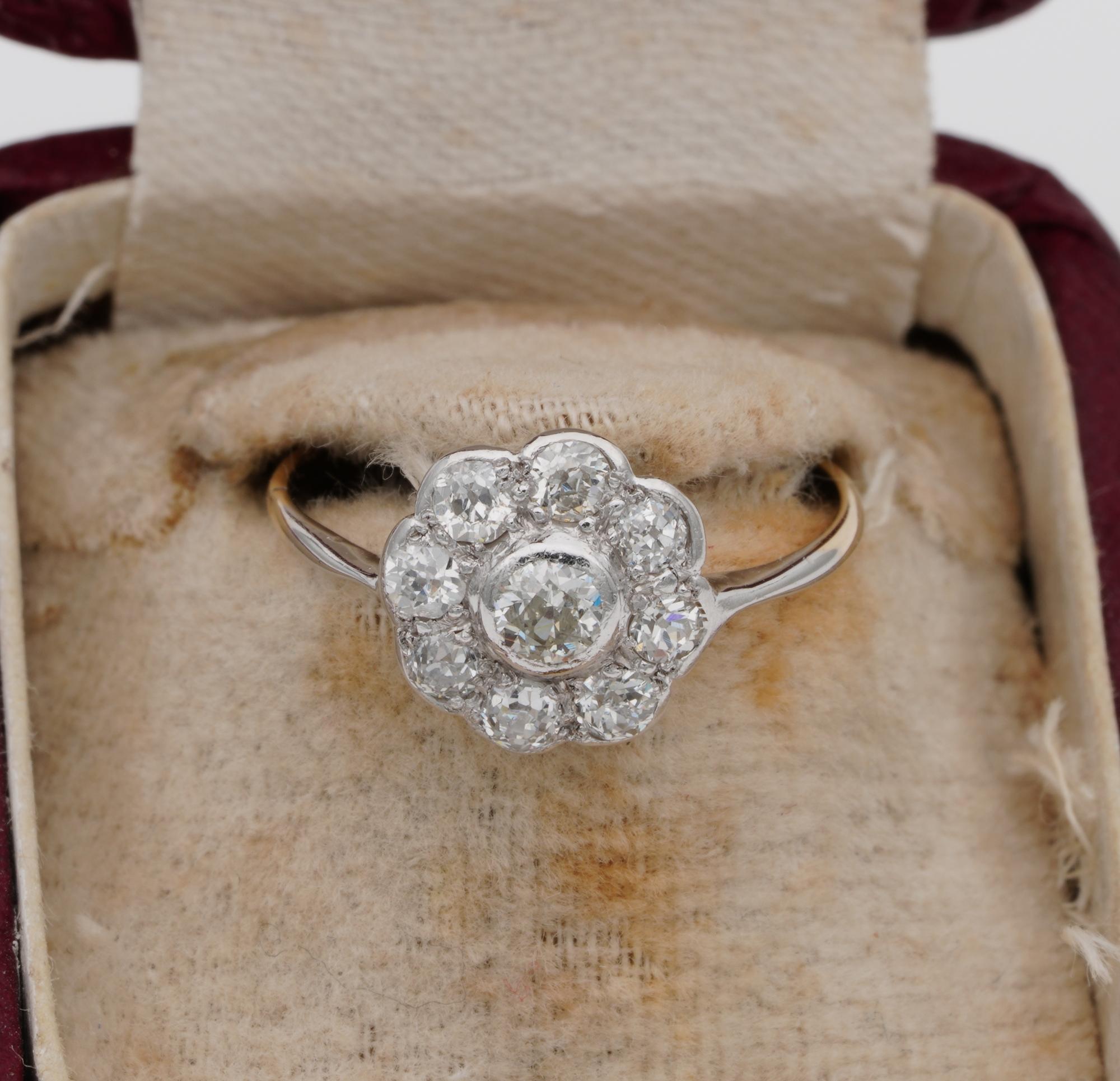 Engaged!

This enchanting authentic Edwardian Diamond cluster ring steps into back history
Gorgeous Daisy designed, refined in workmanship as individually hand crafted at the time – made of solid 18 KT gold and Platinum
Distinctive, romantic, Flower