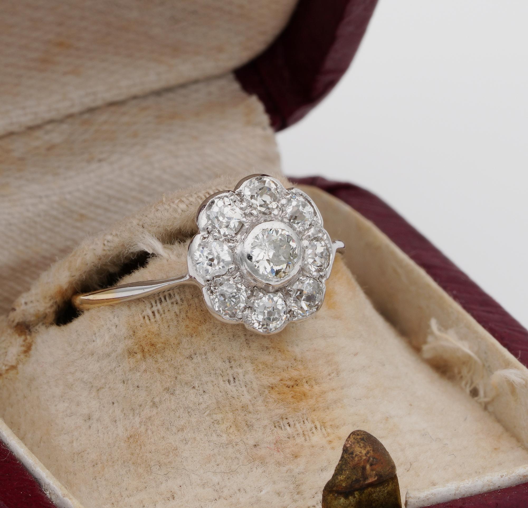 Women's Authentic Edwardian Diamond Cluster Ring 18 Karat Gold Platinum For Sale