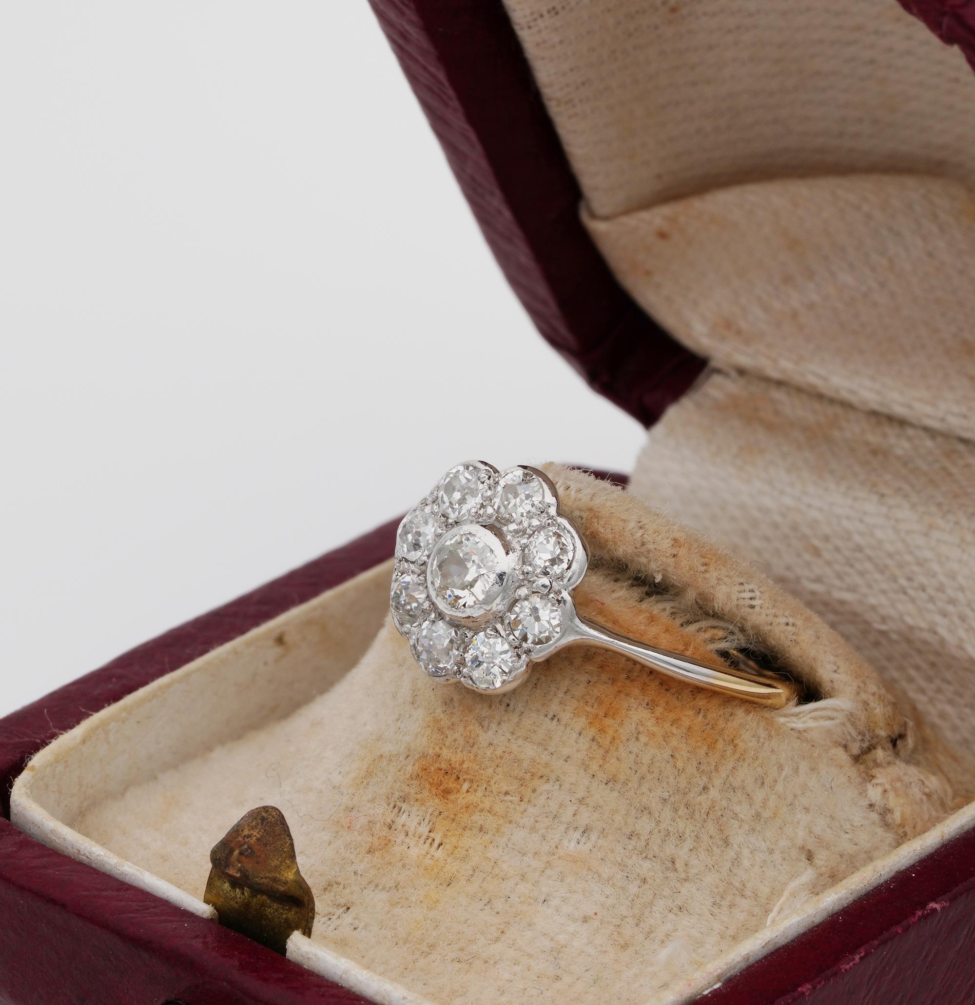 Authentic Edwardian Diamond Cluster Ring 18 Karat Gold Platinum For Sale 1
