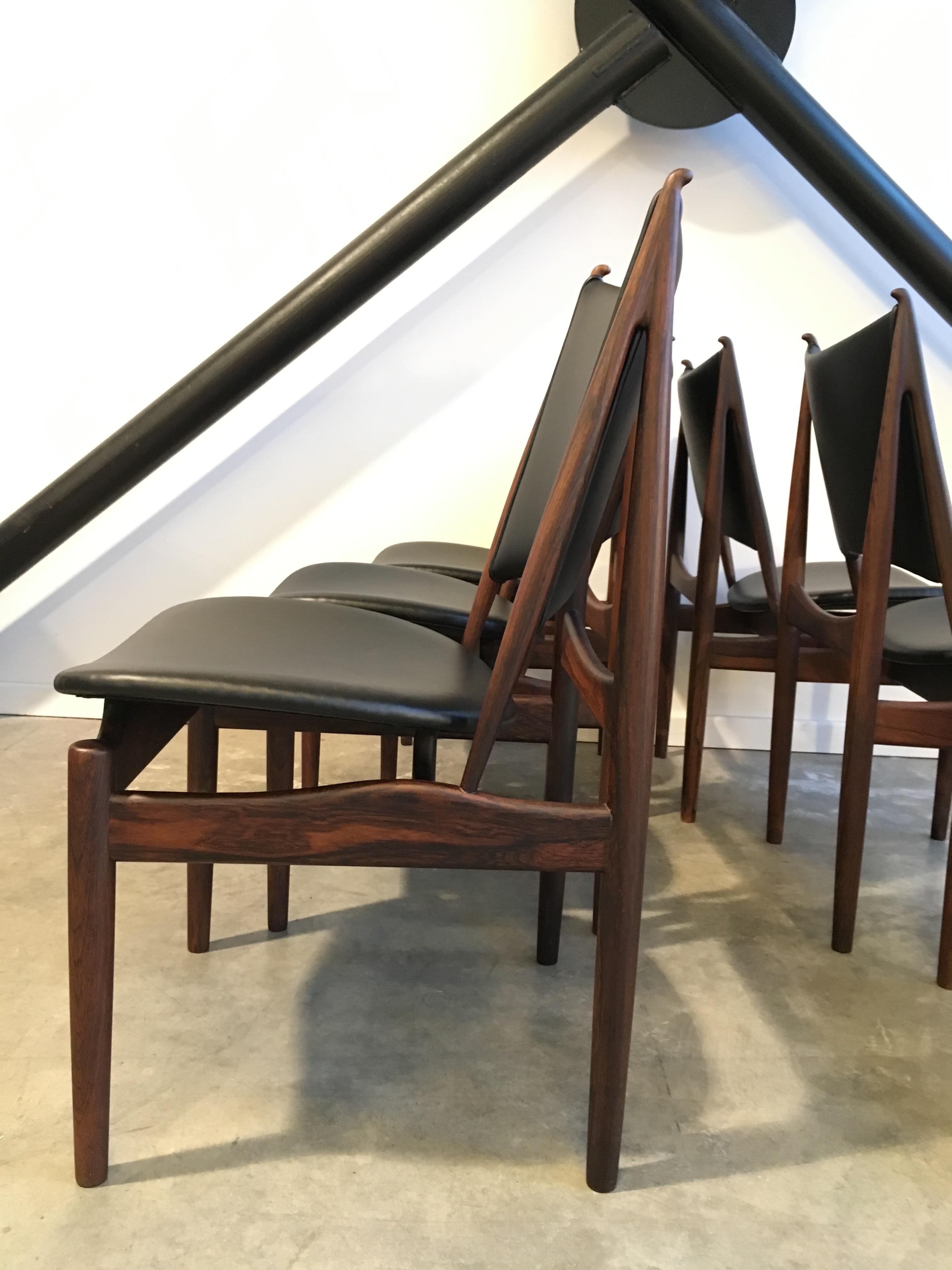 Authentic Egyptian chairs by Finn Juhl for Niels Vodder in rosewood and leather. Beautiful restored condition with some repairs.