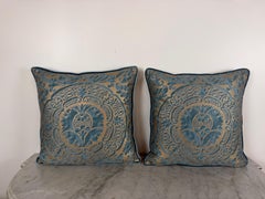 Authentic Fortuny Aquamarine Velvet & Gold Pillows, Italy, 21st Century