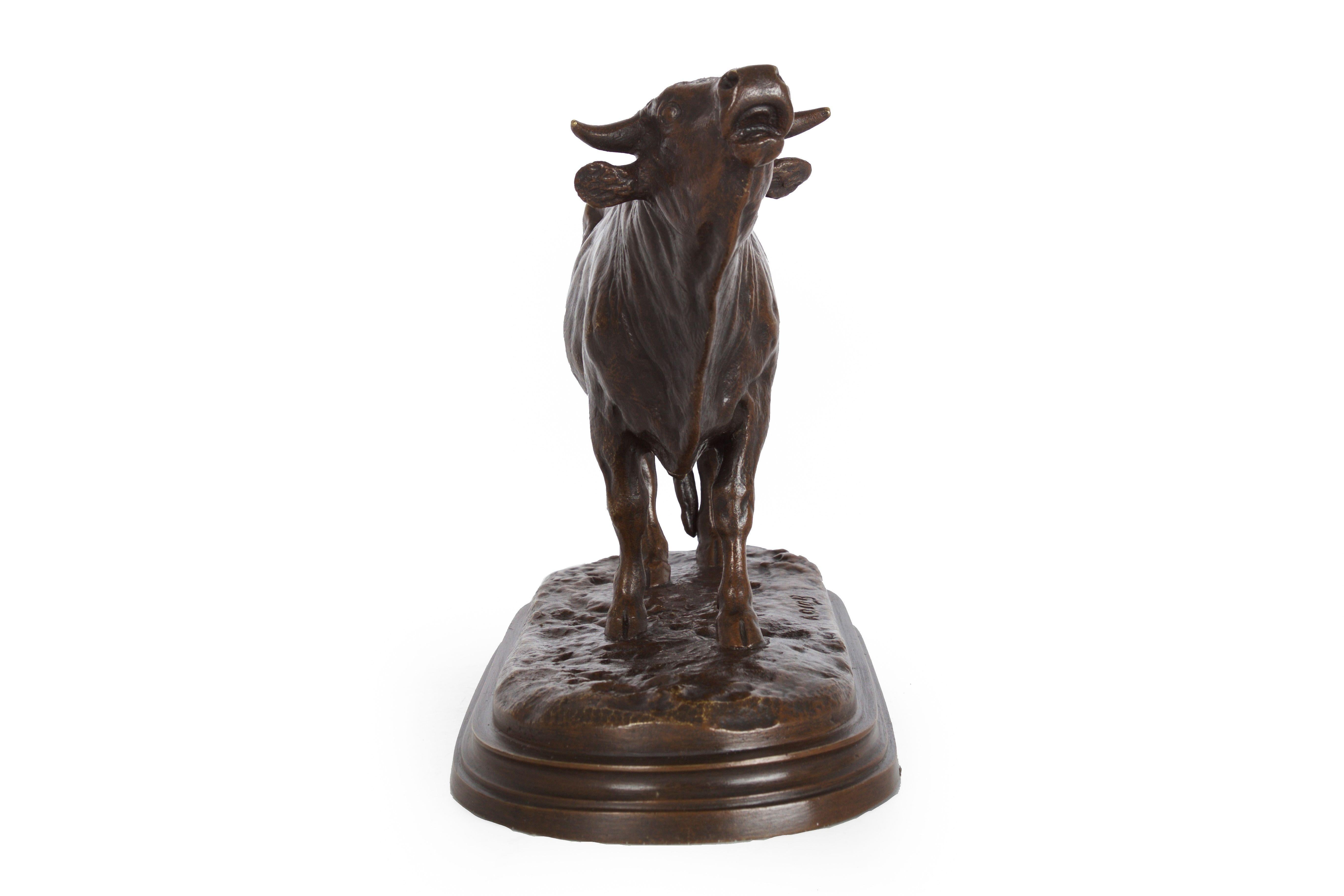 A finely cast lifetime bronze sculpture by Rosa Bonheur, this gorgeous model captures a bellowing bull over a naturalistic base is finished in a pleasing overall brown chemical patina. It is a lively model with wonderful surface texture throughout.