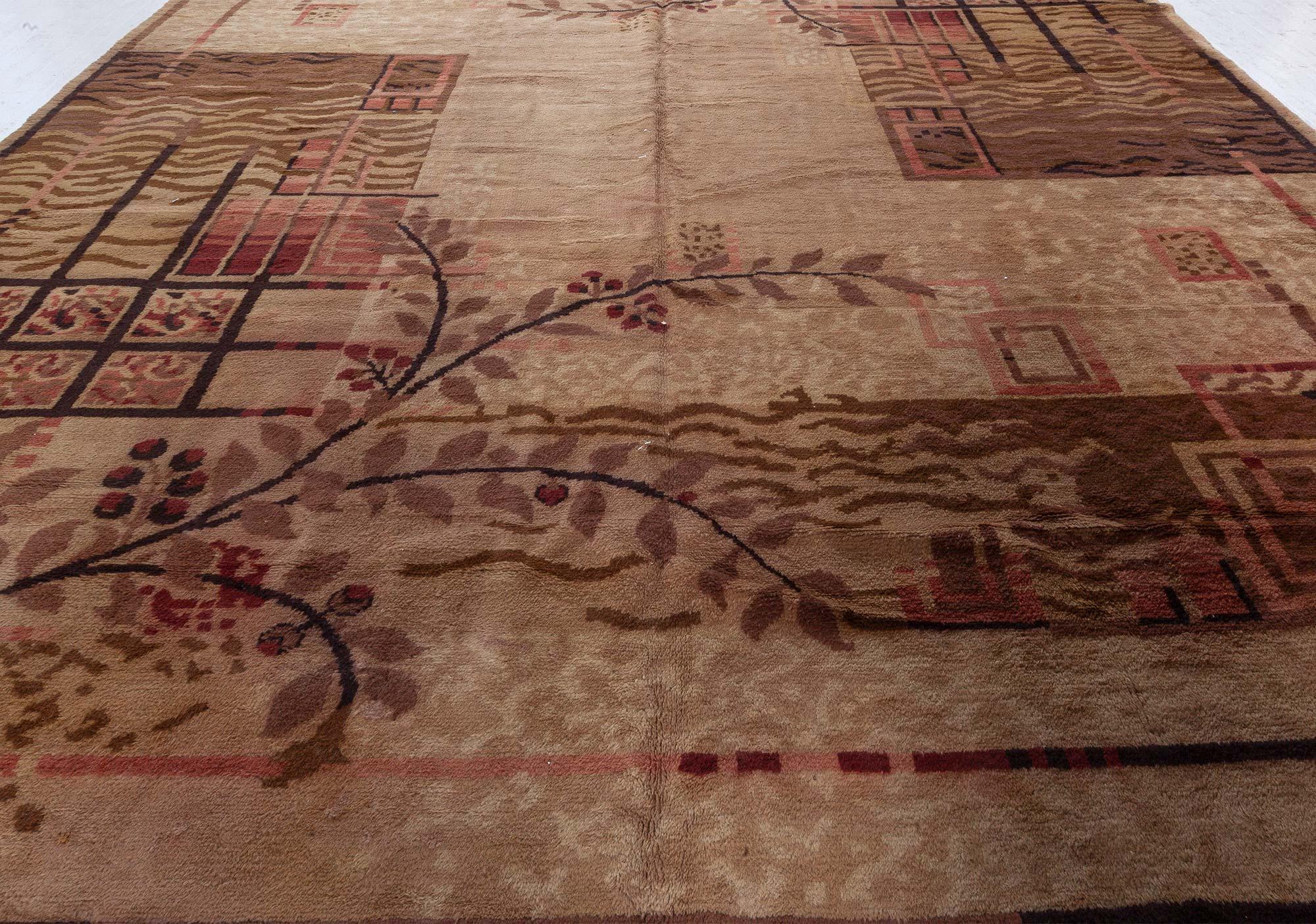 Authentic French Art Deco brown handwoven wool rug
Size: 11'6