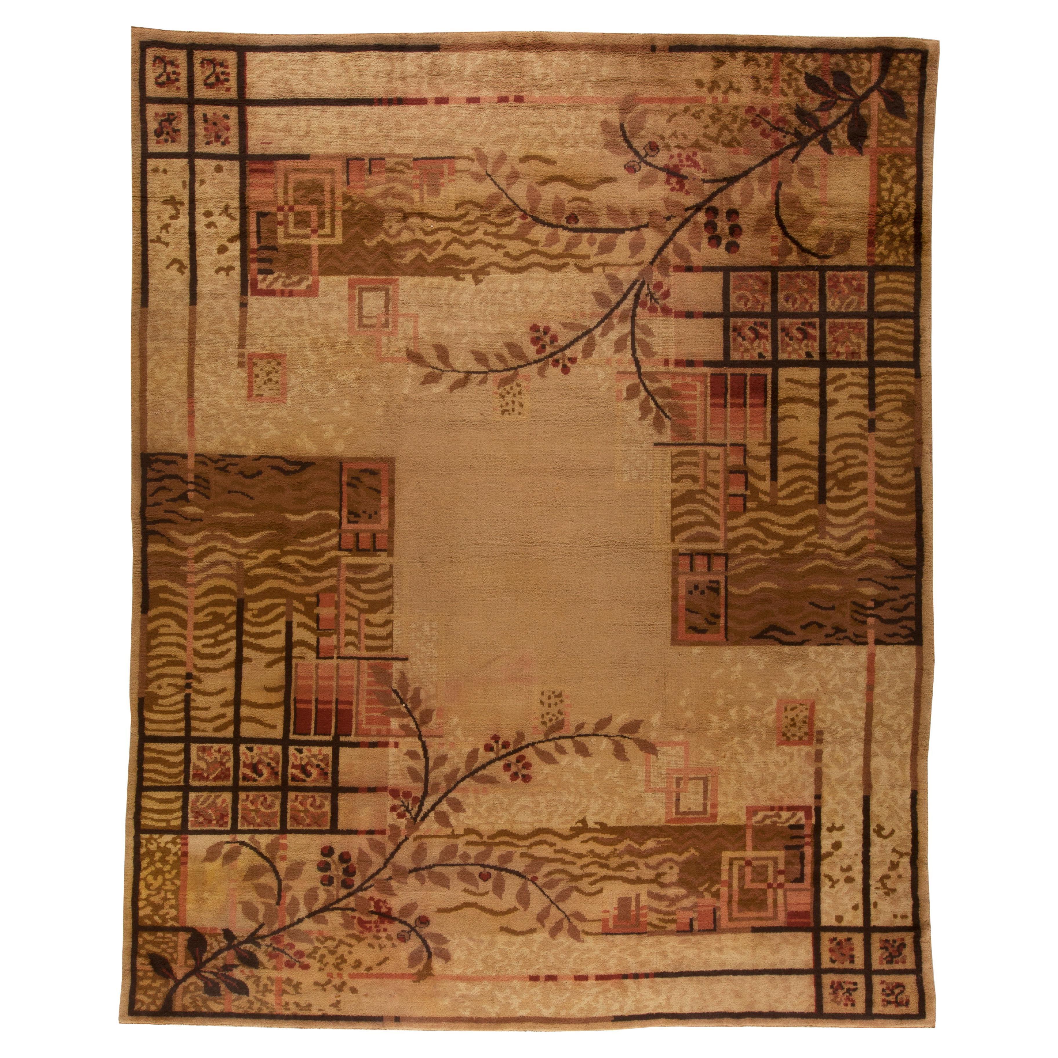 Vintage French Art Deco Red, Brown and Beige Handwoven Wool Rug For