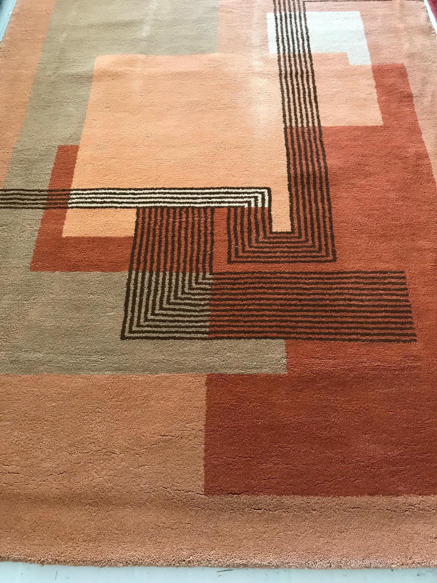 Hand-Knotted Authentic French Art Deco Orange Handmade Rug For Sale