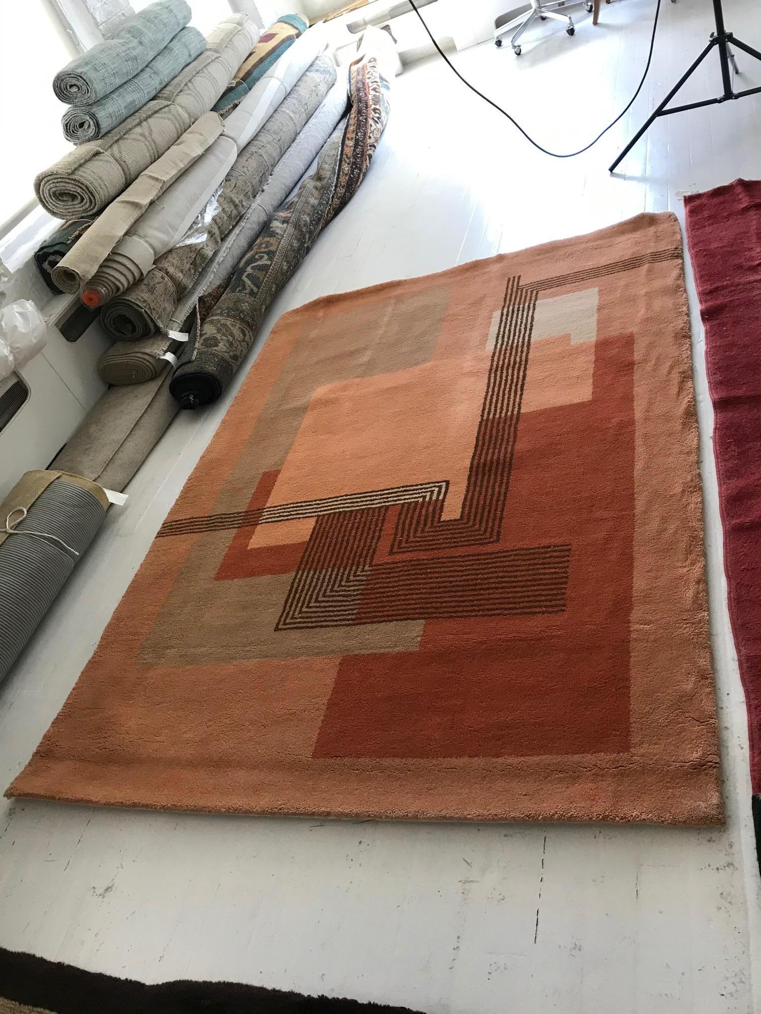 Wool Authentic French Art Deco Orange Handmade Rug For Sale