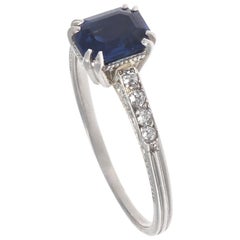 Antique Authentic French Art Deco Sapphire Old European Cut Diamonds Platinum Ring