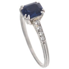 Authentic French Art Deco Sapphire Old European Cut Diamonds Platinum Ring