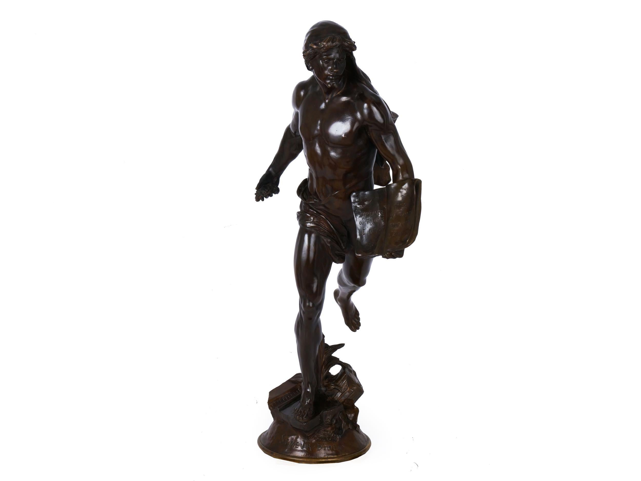 In this large and moving work, French Romantic sculptor Emile Picault perfectly captures a difficult pose as the man is depicted in full motion running across the earth with a branch of seeds in one hand and a book in the other. The work is titled