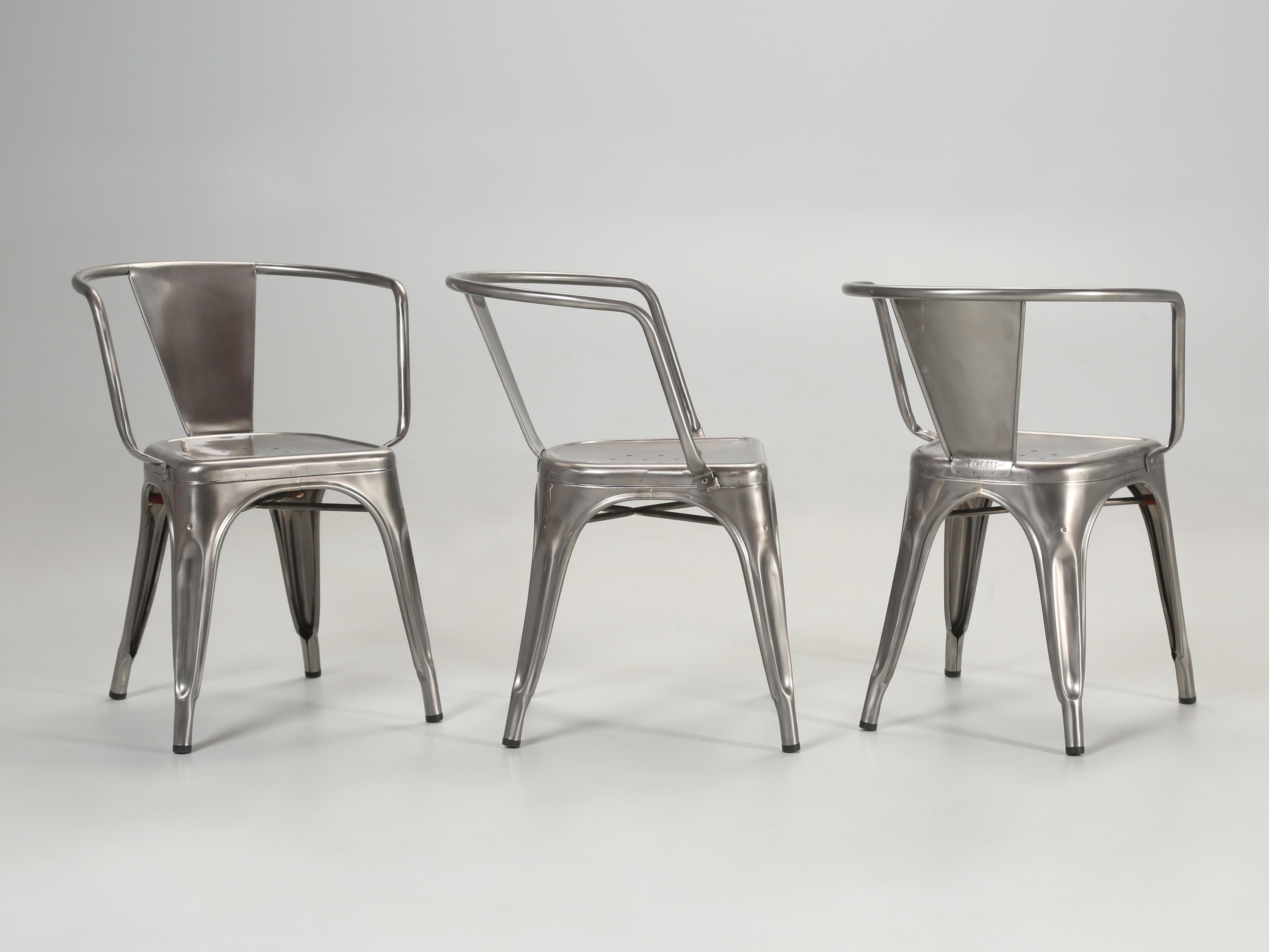 Authentic French hand-made Tolix chairs, complete with TOLIX stamp. The Tolix chairs are considered iconic, and have been displayed in the New York Museum of Modern Art, Germany’s Vitra Design Museum, and Paris’s Pompidou Center. You can stack up to