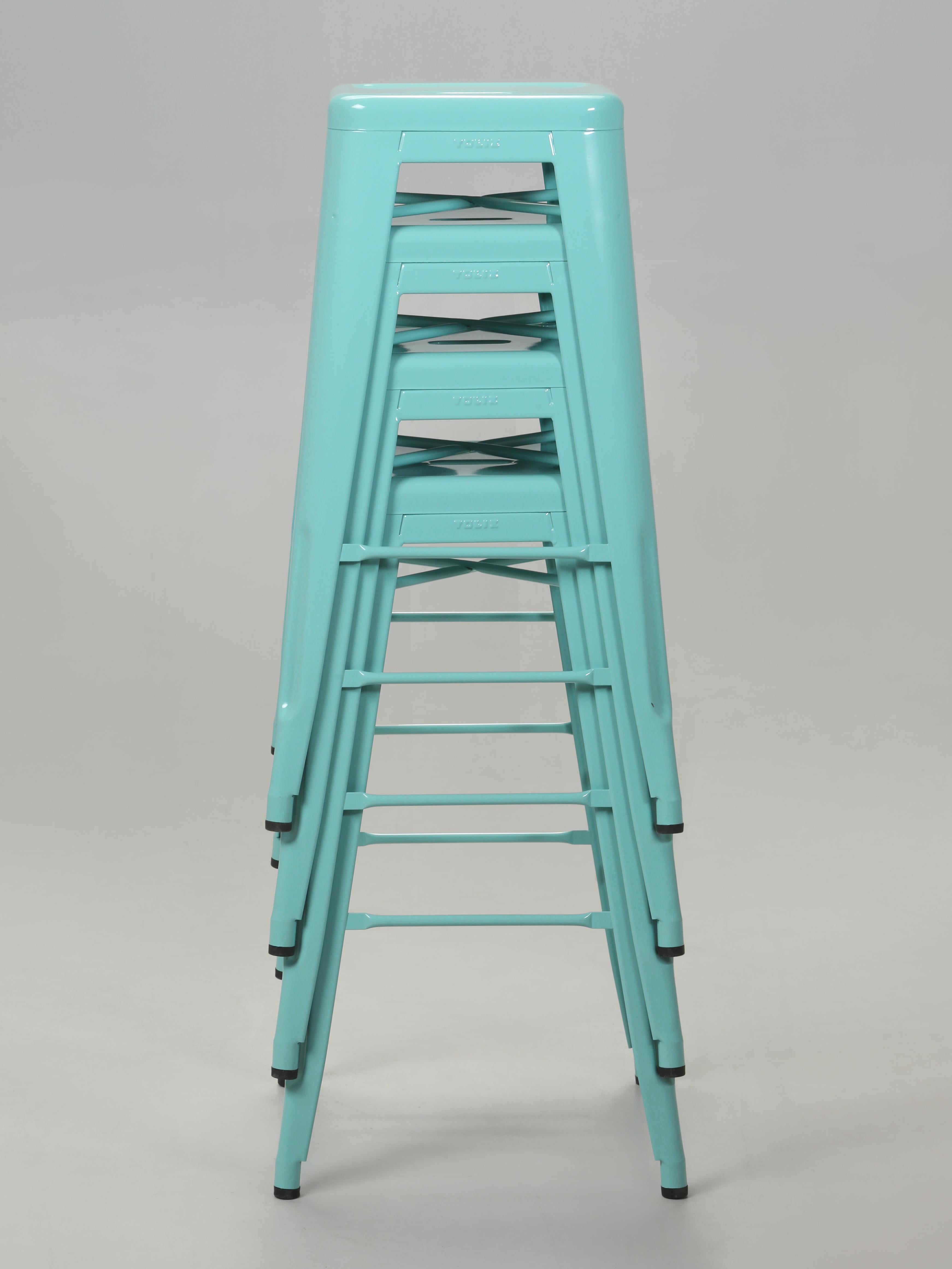 Industrial Authentic French Tolix Cyan Blue Stacking Steel Bar Height 30