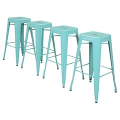Authentic French Tolix Cyan Blue Stacking Steel Bar Height 30" Stools (Set of 4)
