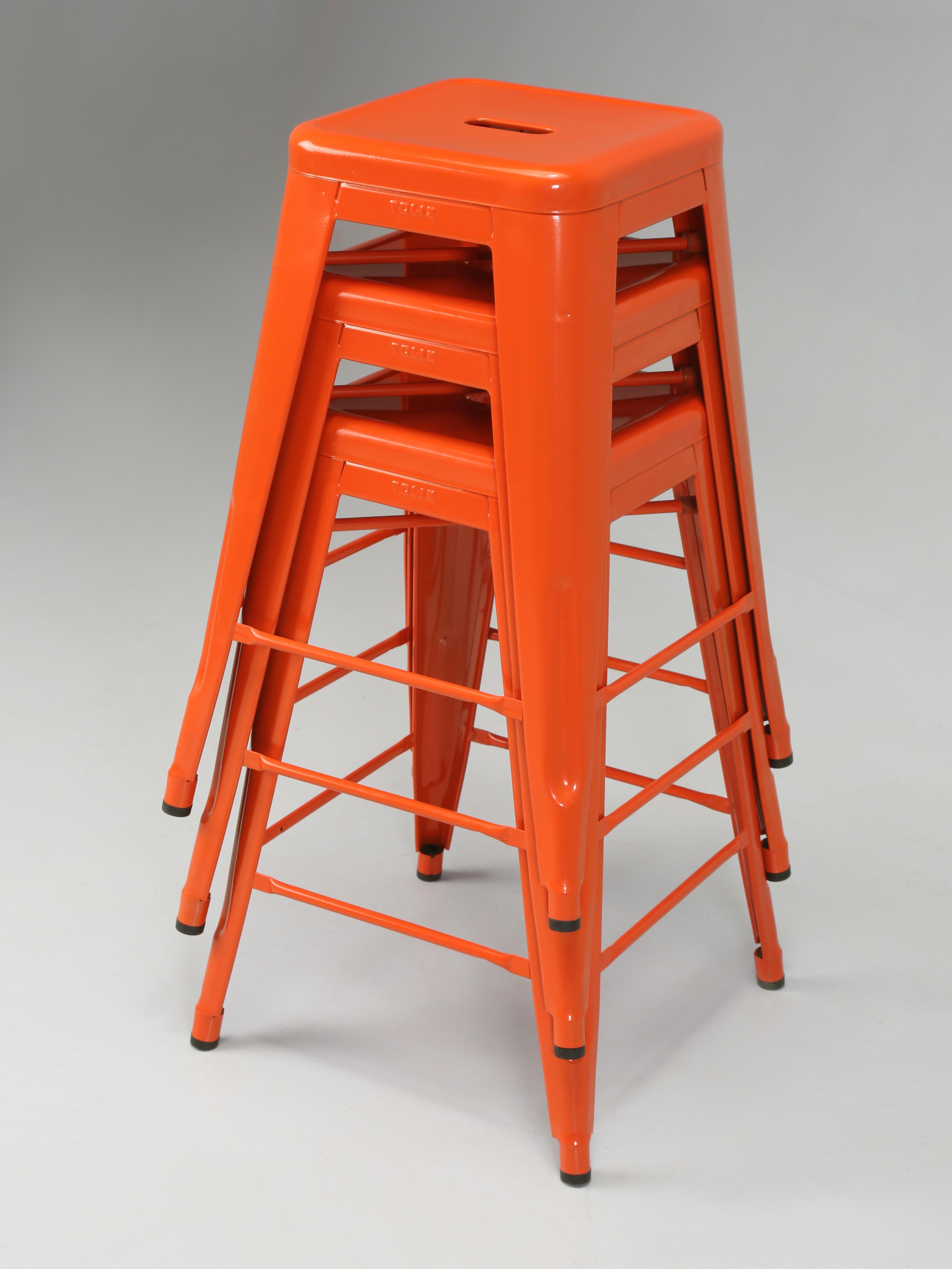 Mid-Century Modern Authentic French Tolix Set 3 Orange Counter Height Stools More Colors Available For Sale