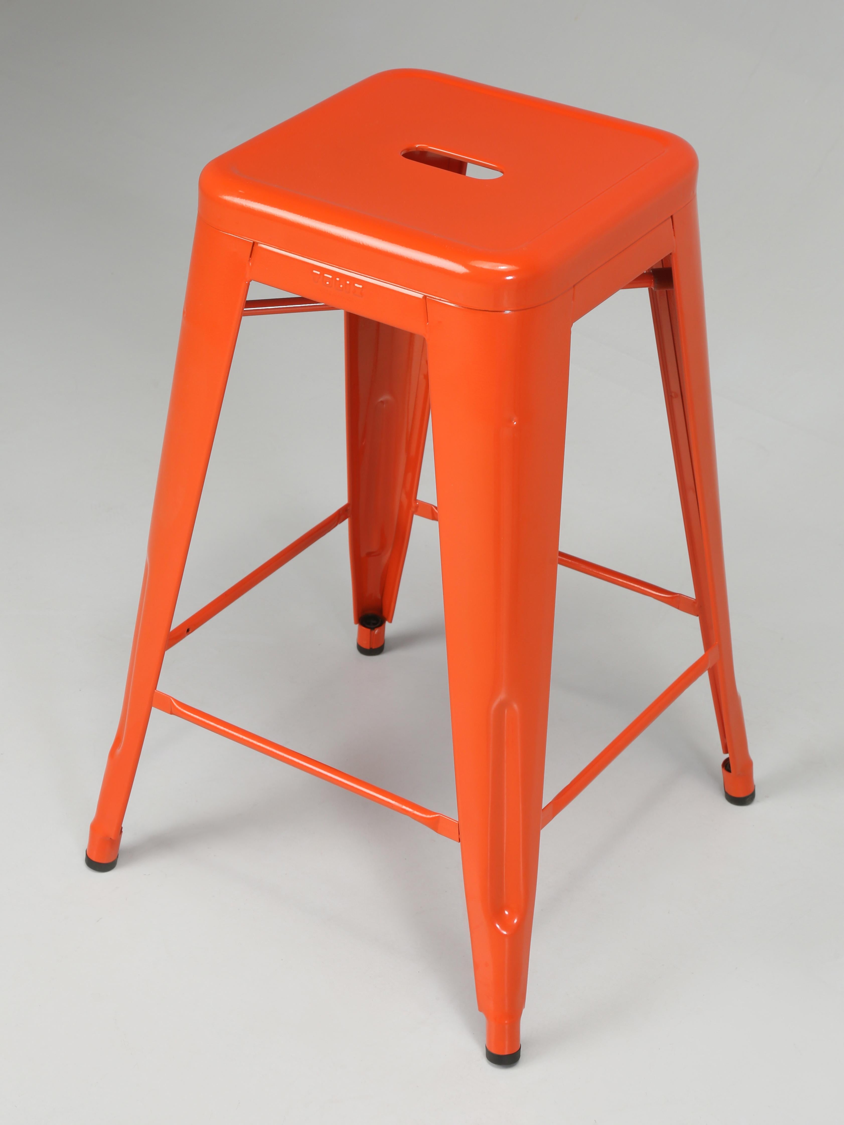 Hand-Crafted Authentic French Tolix Set 3 Orange Counter Height Stools More Colors Available For Sale