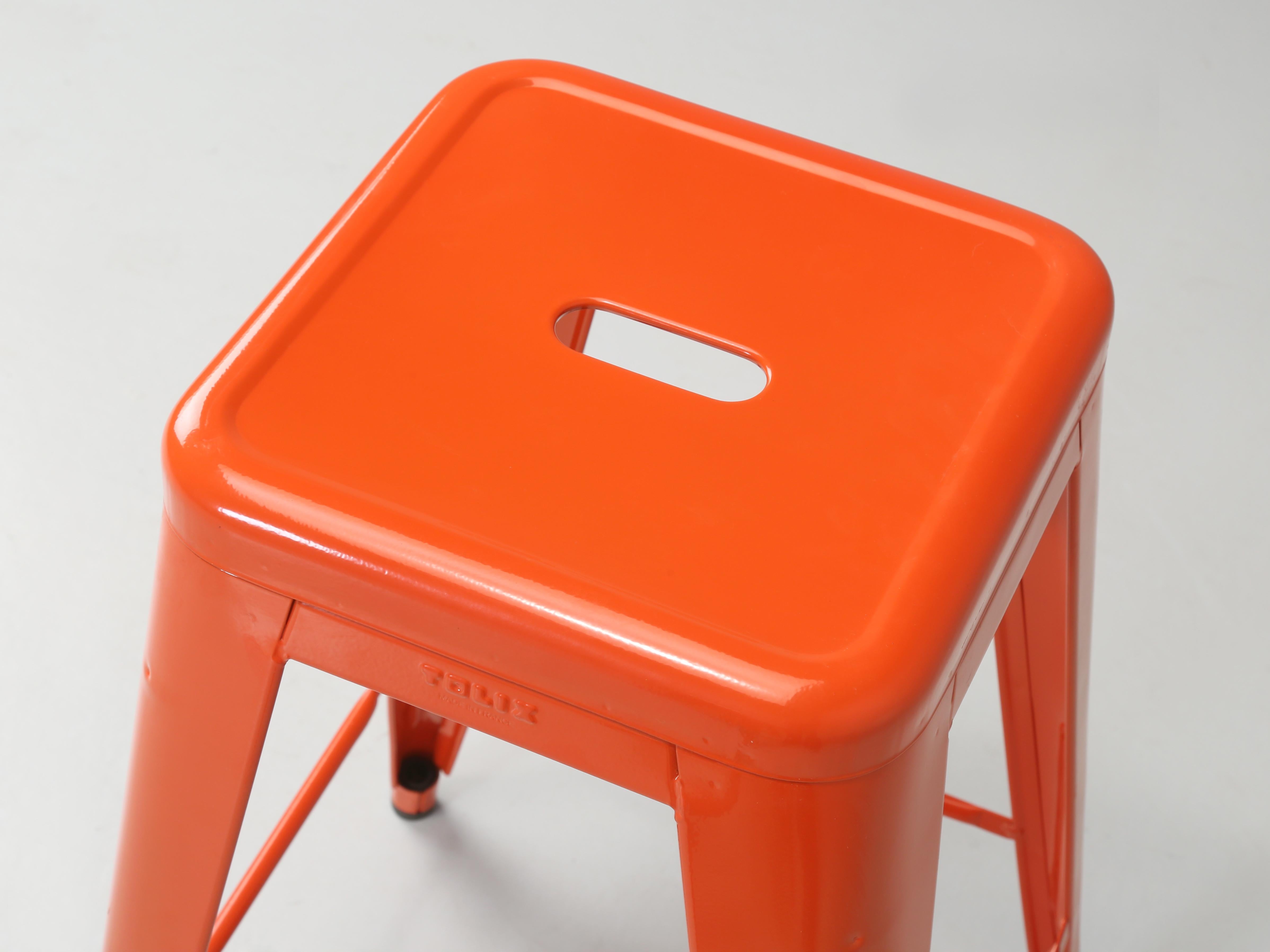 Authentic French Tolix Set 3 Orange Counter Height Stools More Colors Available In Good Condition For Sale In Chicago, IL